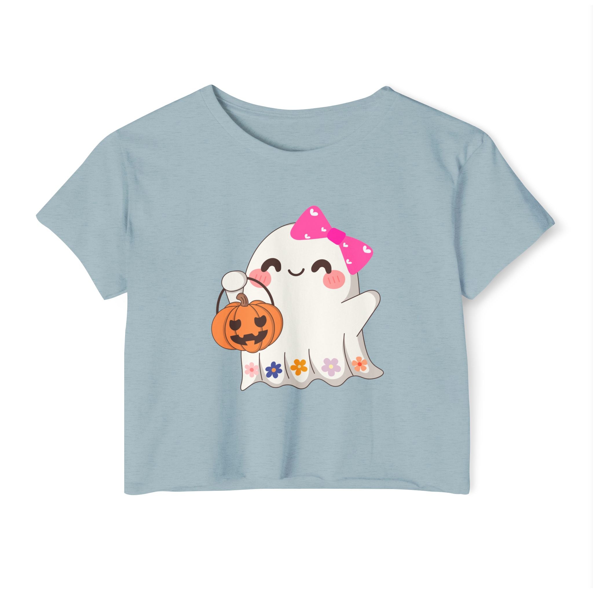 Stonewash denim light blue t-shirt with a cute ghost design holding a pumpkin on a white background