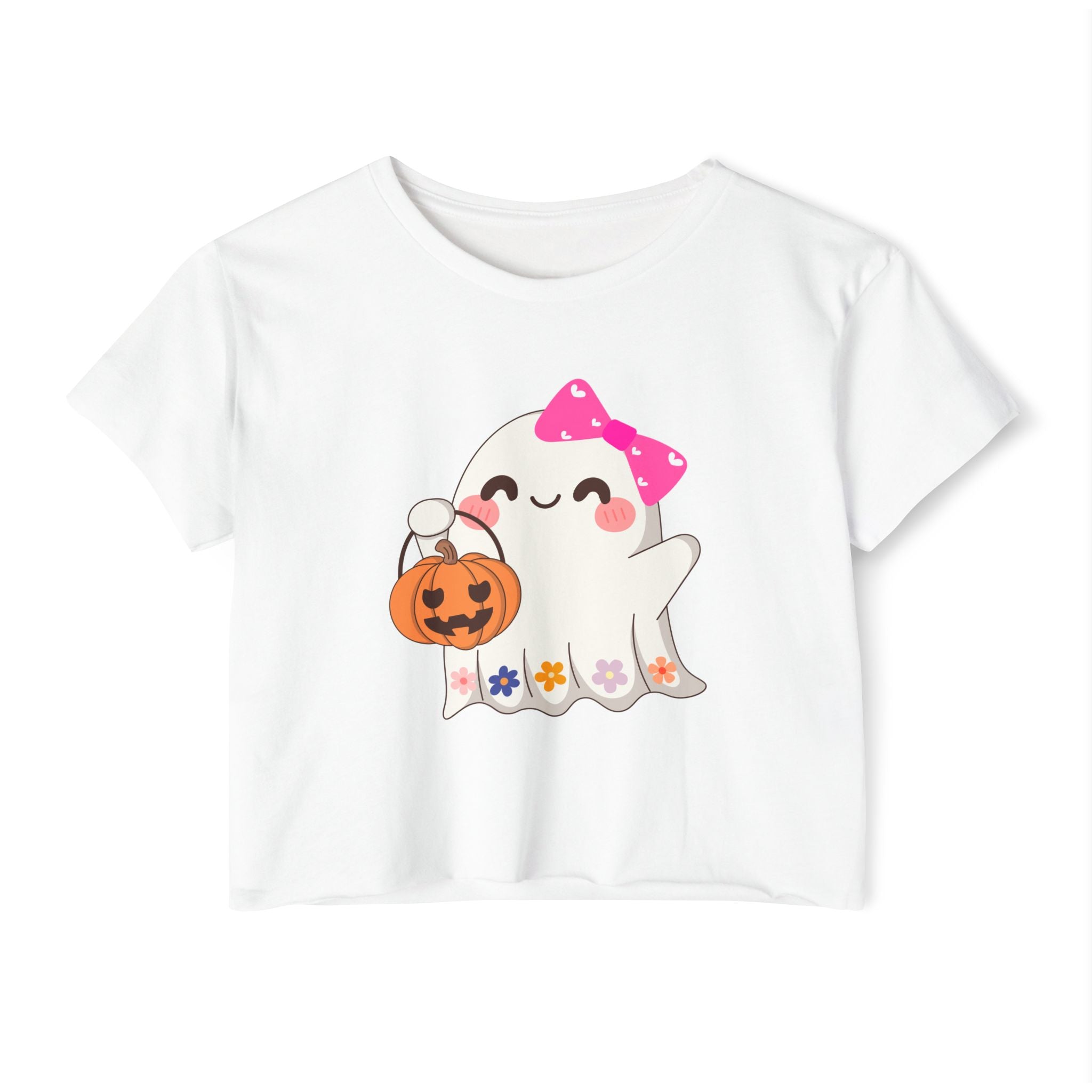 White t-shirt with a ghost holding a pumpkin and a pink bow design on a white background