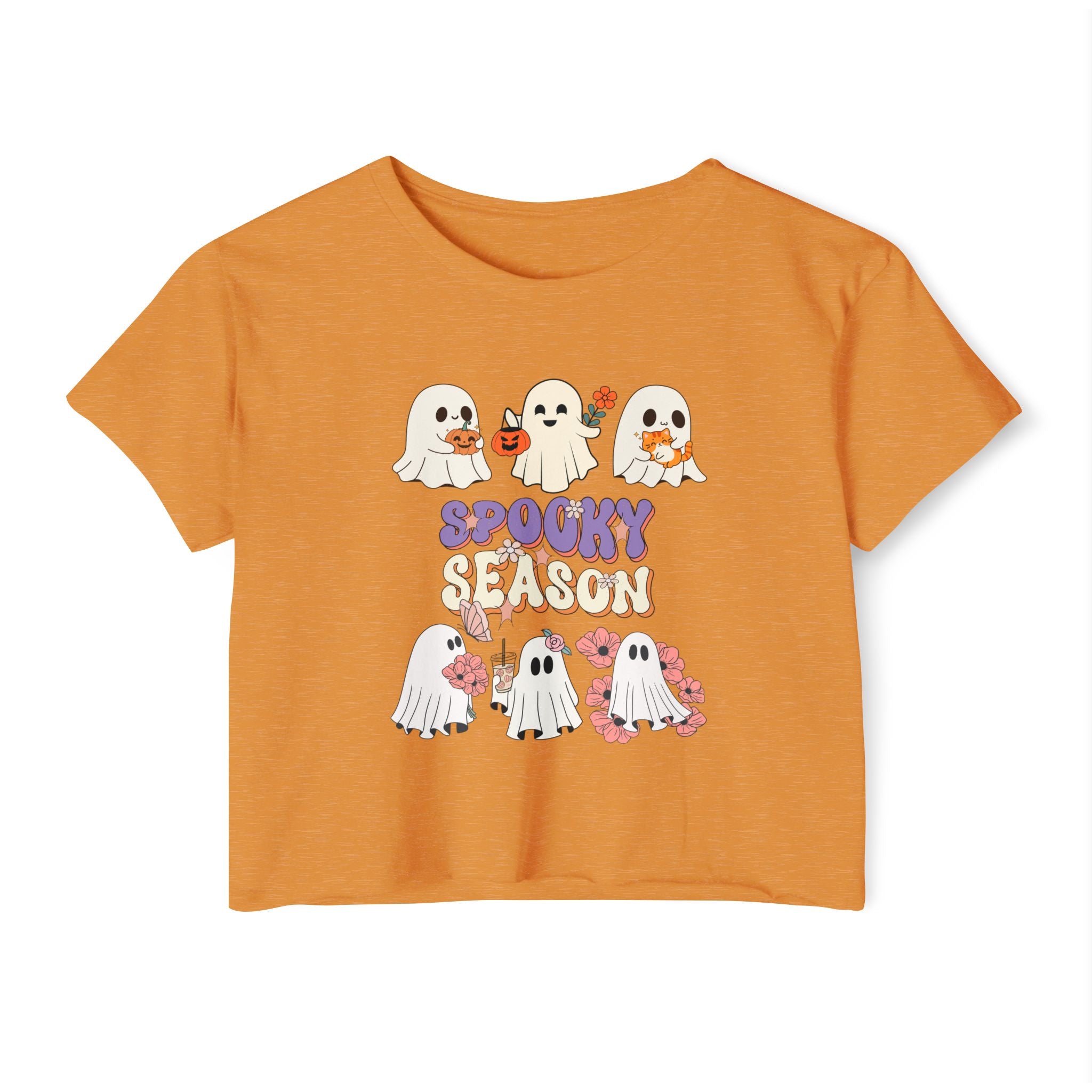 Antique gold orange t-shirt with cartoon ghosts and 'Spooky Season' text on a white background