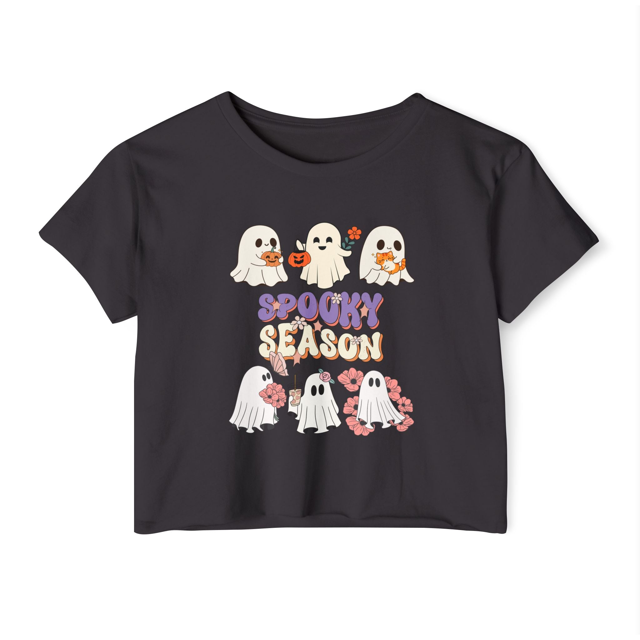 Black t-shirt with Halloween-themed design featuring ghosts and 'Spooky Season' text on a white background.