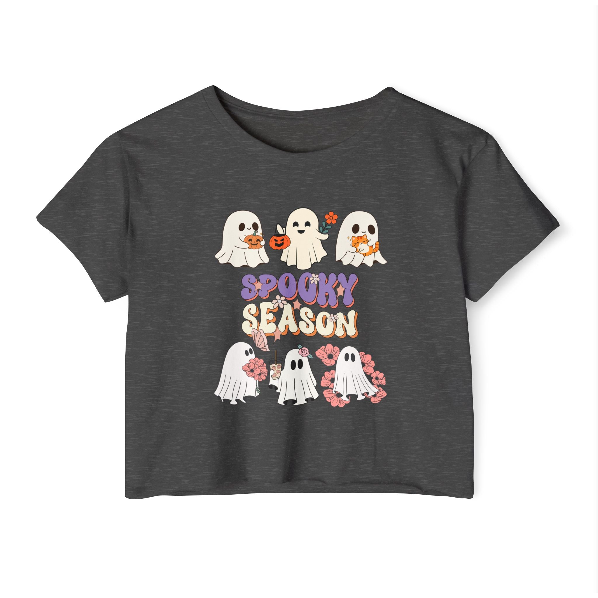 Charcoal gray t-shirt with cartoon ghosts and 'Spooky Season' text on a white background