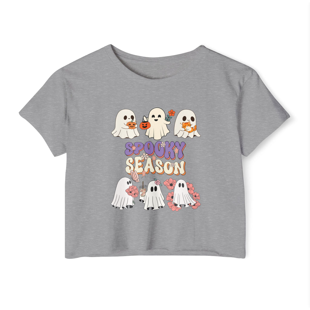 Gray t-shirt with Halloween-themed design featuring ghosts and 'Spooky Season' text on a white background.