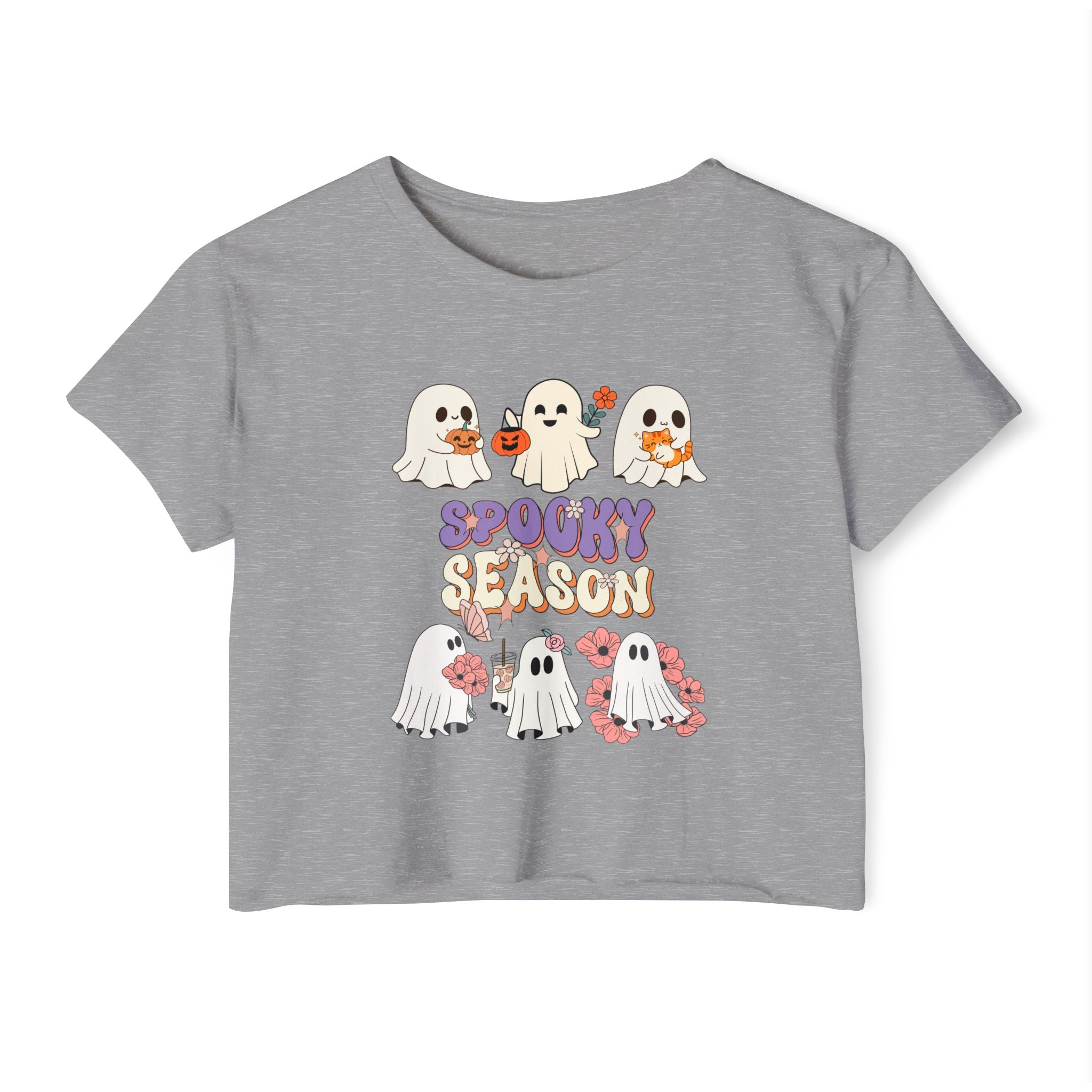 Gray t-shirt with Halloween-themed design featuring ghosts and 'Spooky Season' text on a white background.