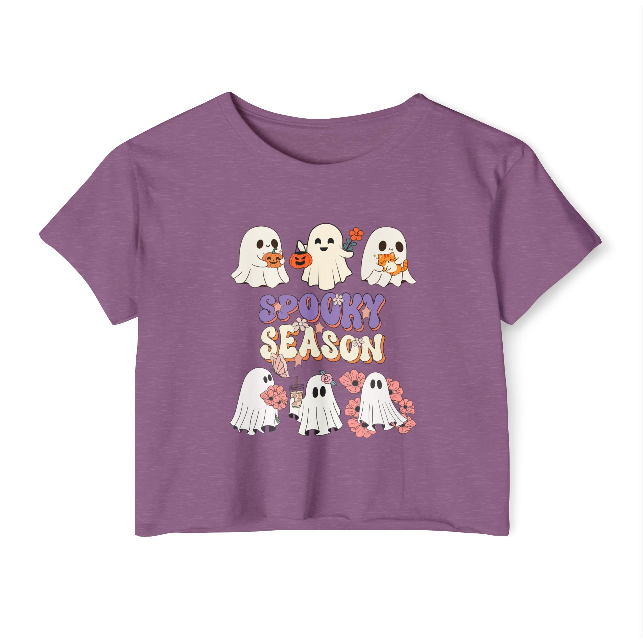 Shiraz purple t-shirt with Halloween-themed design featuring ghosts and pumpkins on a white background