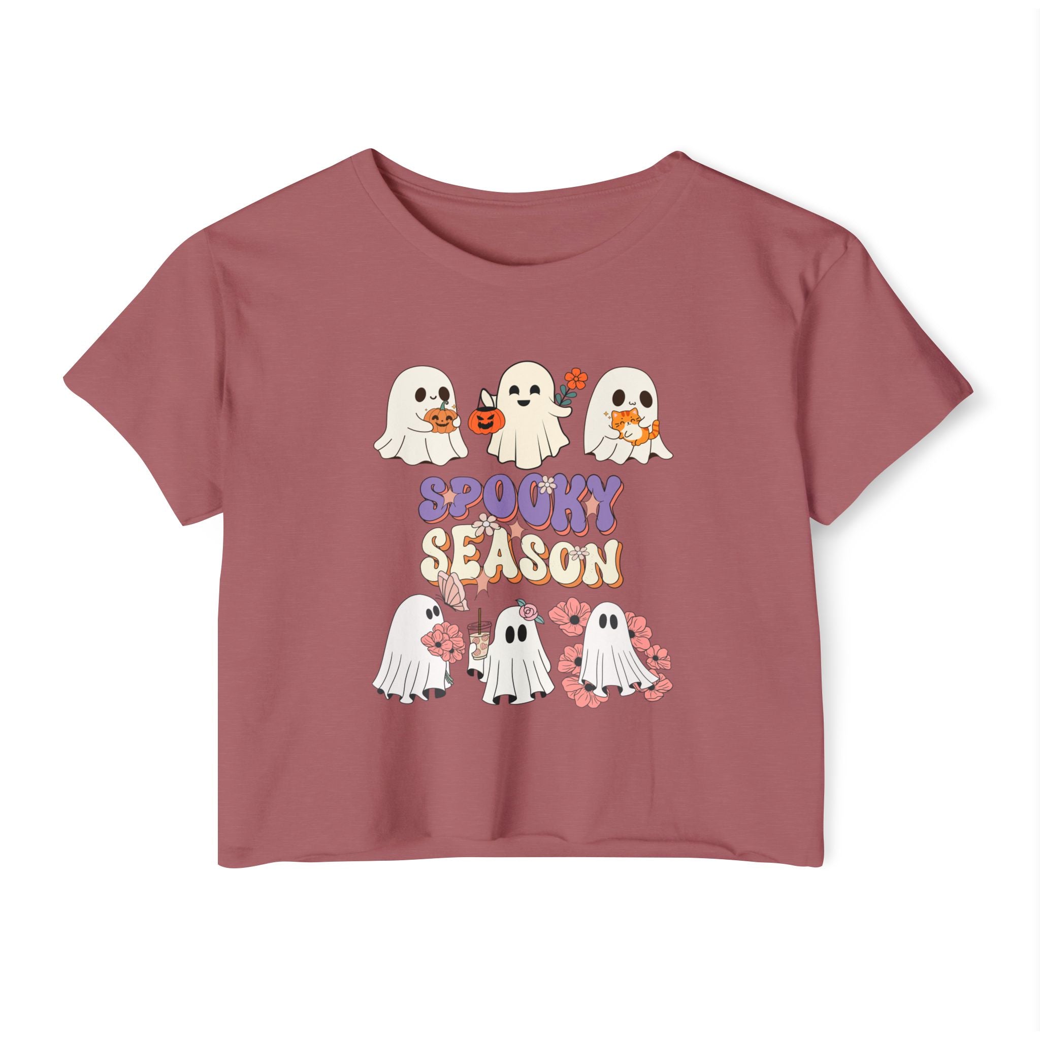 Smoked paprika t-shirt with Halloween-themed design featuring ghosts and 'Spooky Season' text on a white background.