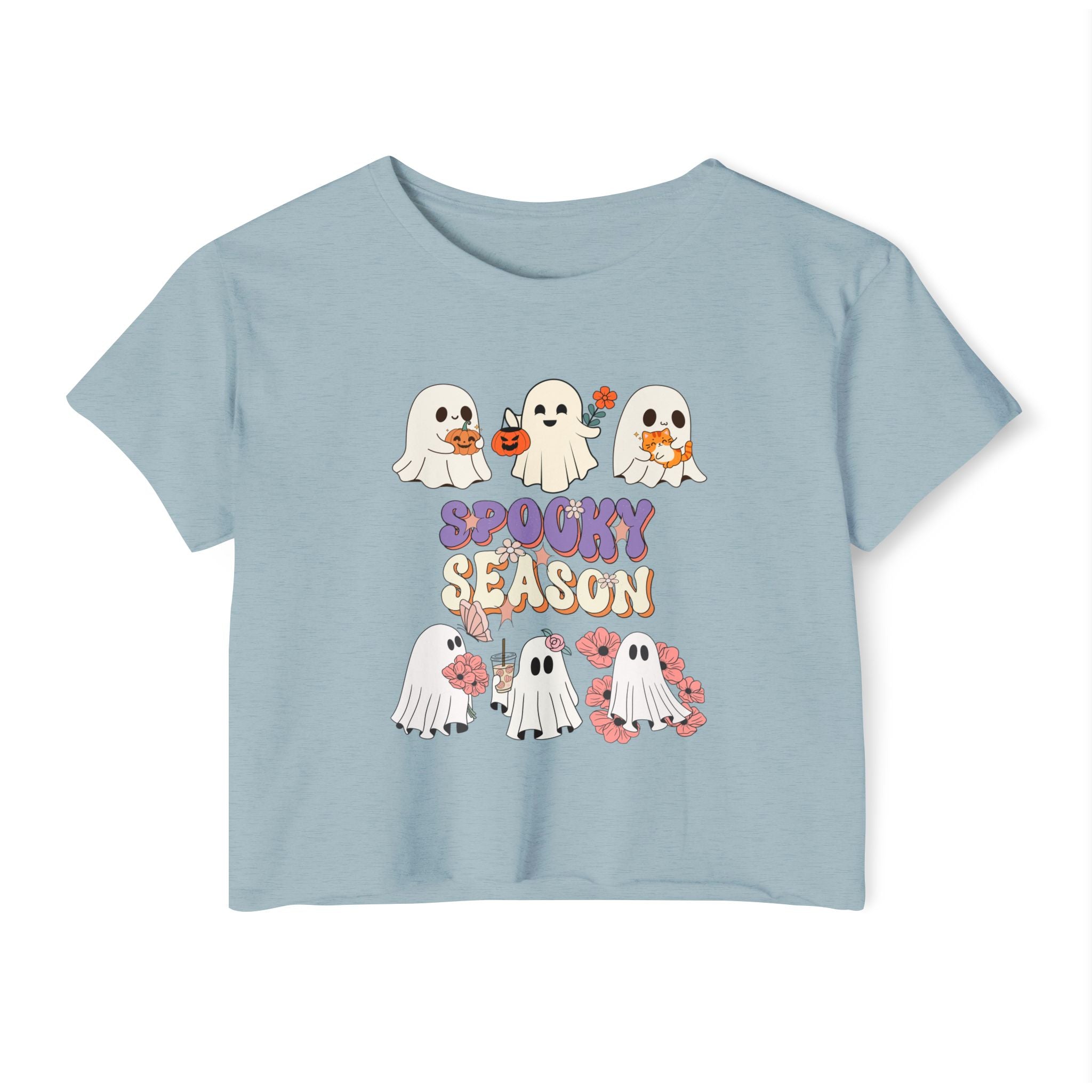 Stonewash denim light blue t-shirt with Halloween-themed design featuring ghosts and 'Spooky Season' text on a white background.