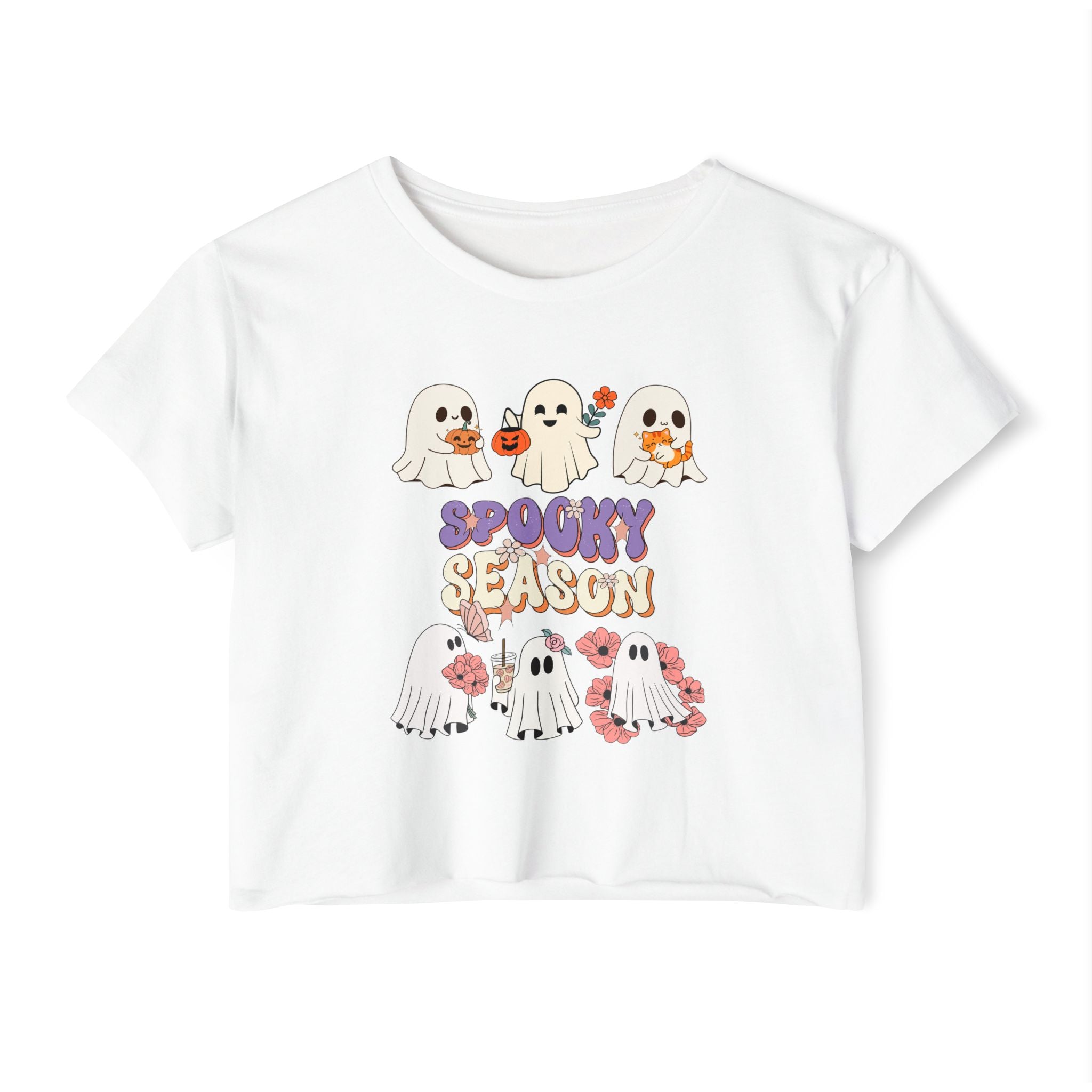White t-shirt with Halloween-themed design featuring ghosts and 'Spooky Season' text on a white background.