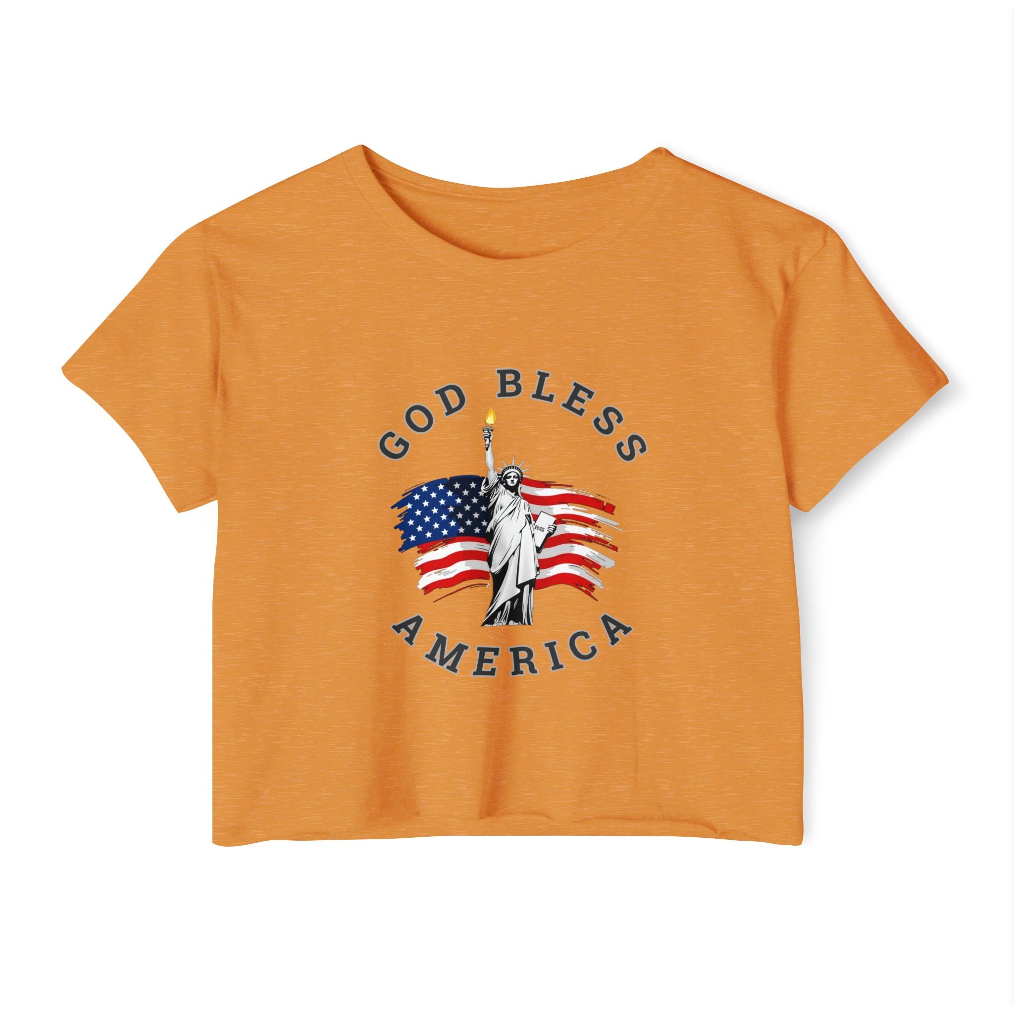 Antique gold t-shirt with 'God Bless America' graphic featuring the Statue of Liberty and American flag on a white background.