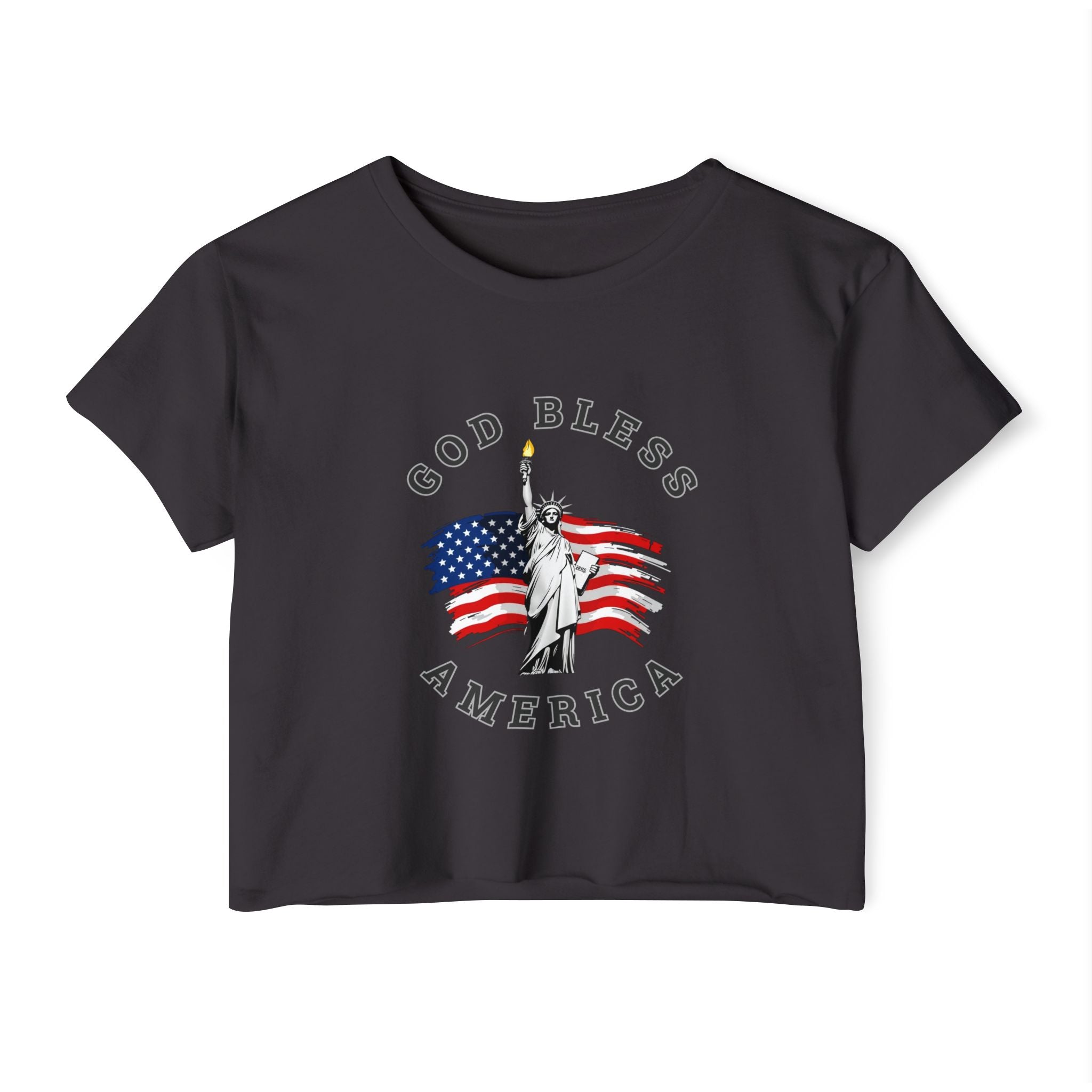 Black t-shirt with Statue of Liberty and American flag graphic on a white background
