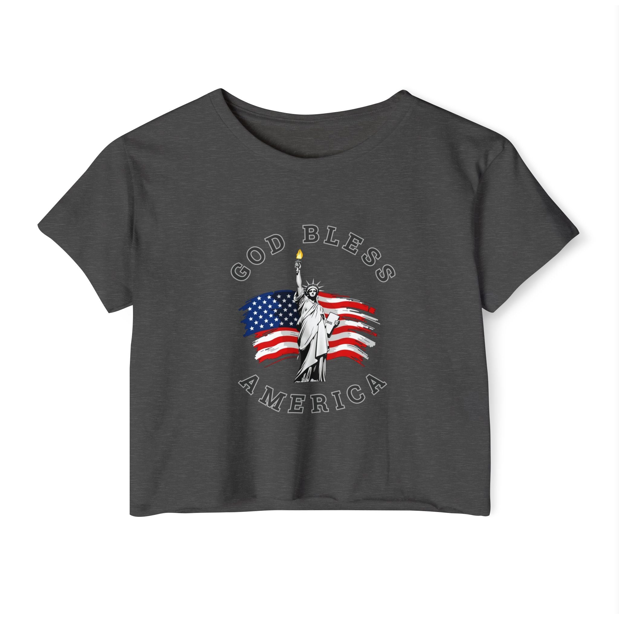 Charcoal gray t-shirt with 'God Bless America' and Statue of Liberty graphic on a white background