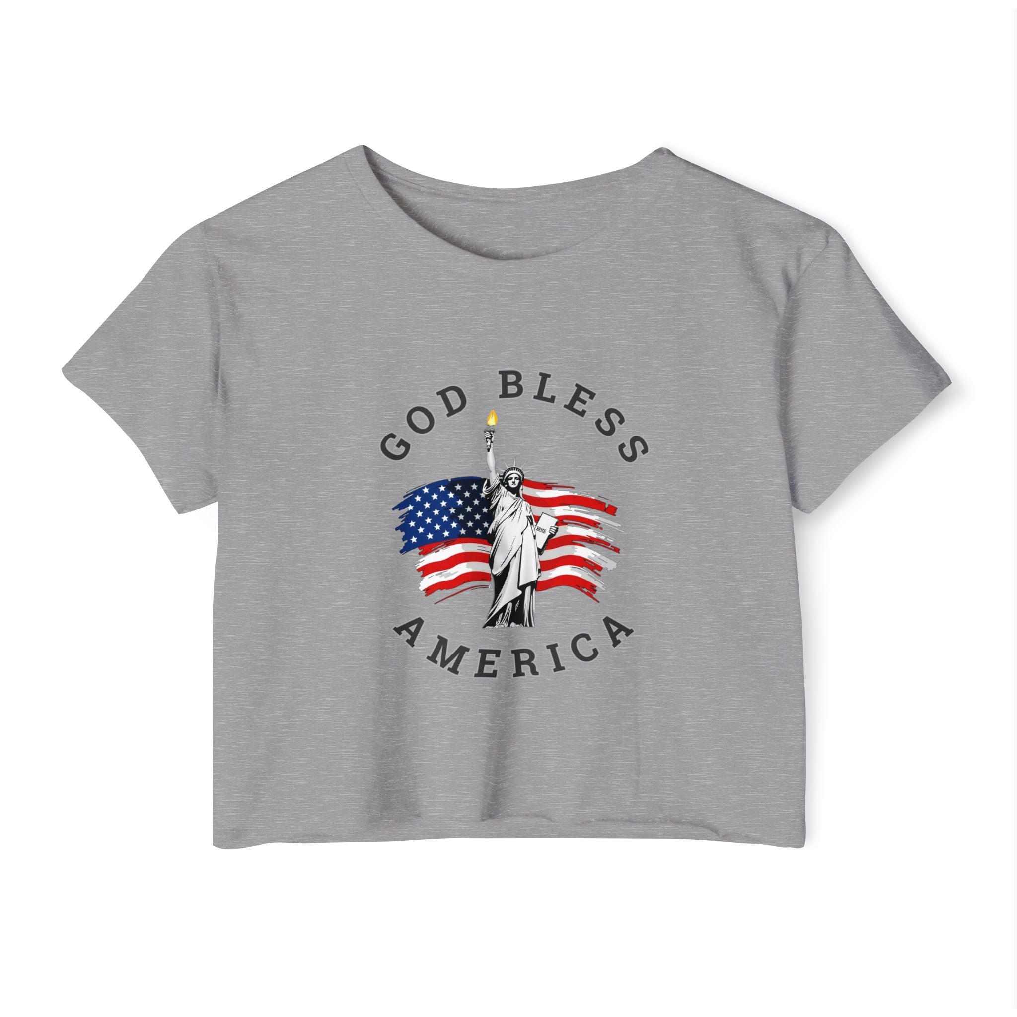 Gray t-shirt with 'God Bless America' graphic featuring the Statue of Liberty and American flag on a white background.
