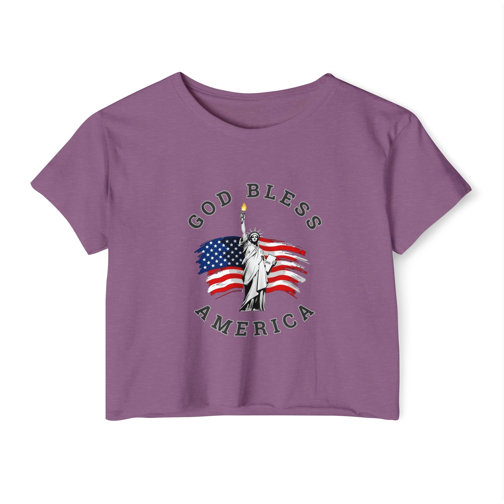 Shiraz purple t-shirt with 'God Bless America' graphic featuring the Statue of Liberty and American flag on a white background.