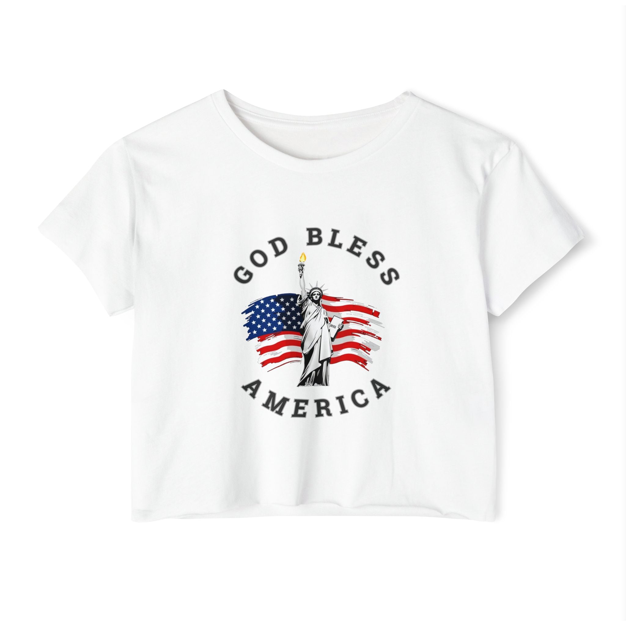 White t-shirt with 'God Bless America' graphic featuring the Statue of Liberty and American flag on a white background.