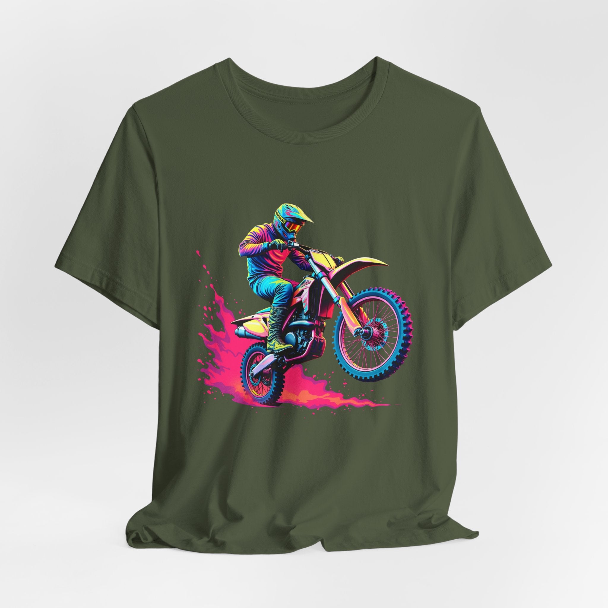 Green t-shirt with a colorful graphic of a motocross rider on a bike.