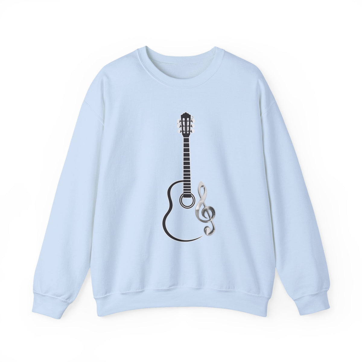 Light blue sweatshirt featuring acoustic guitar and music note in a white background
