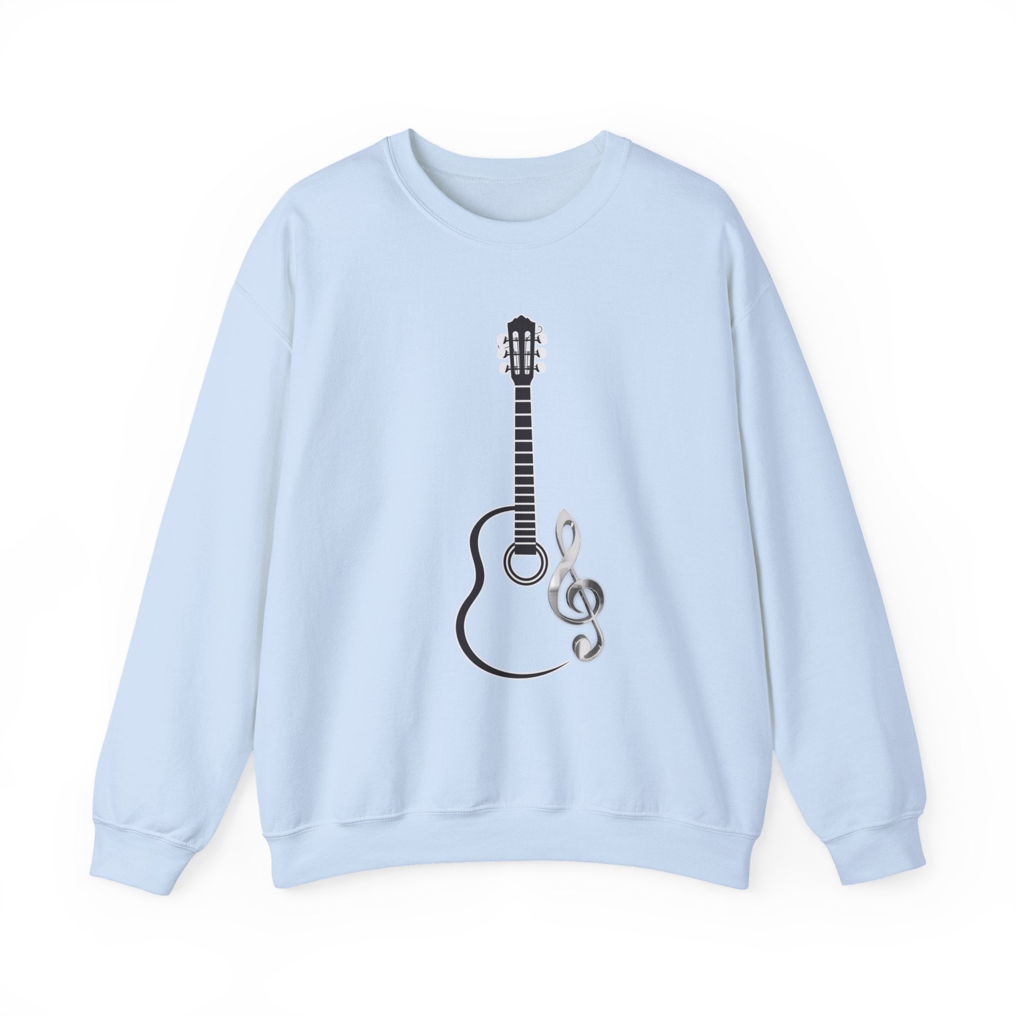 Light blue sweatshirt featuring acoustic guitar and music note in a white background