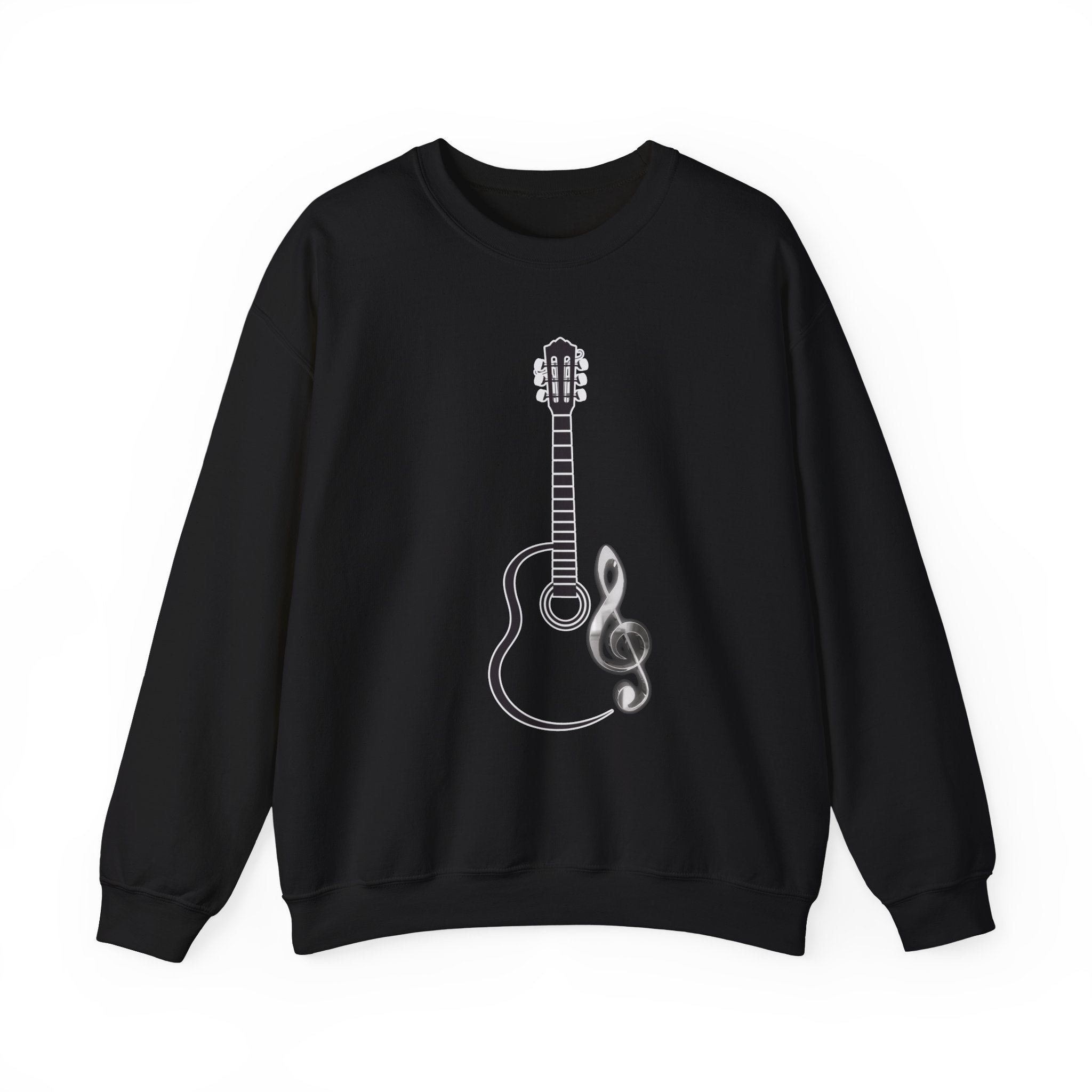 Black sweatshirt with a white guitar and treble clef design on a white background