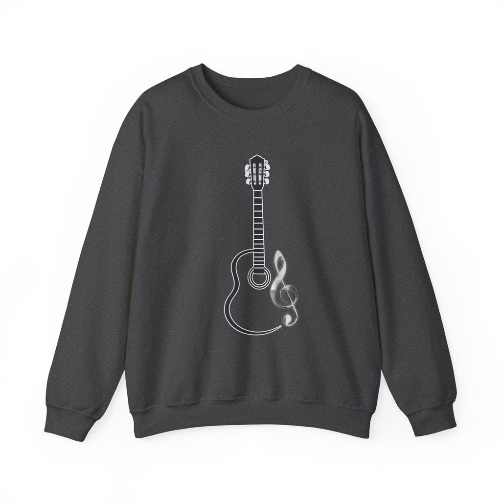 Dark heather sweatshirt featuring acoustic guitar and music note in a white background