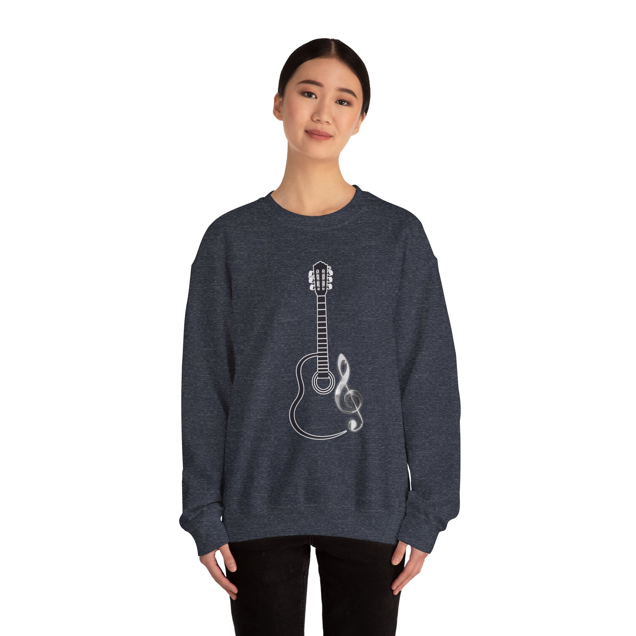 Heather sport dark navy sweatshirt featuring acoustic guitar and music note in a white background