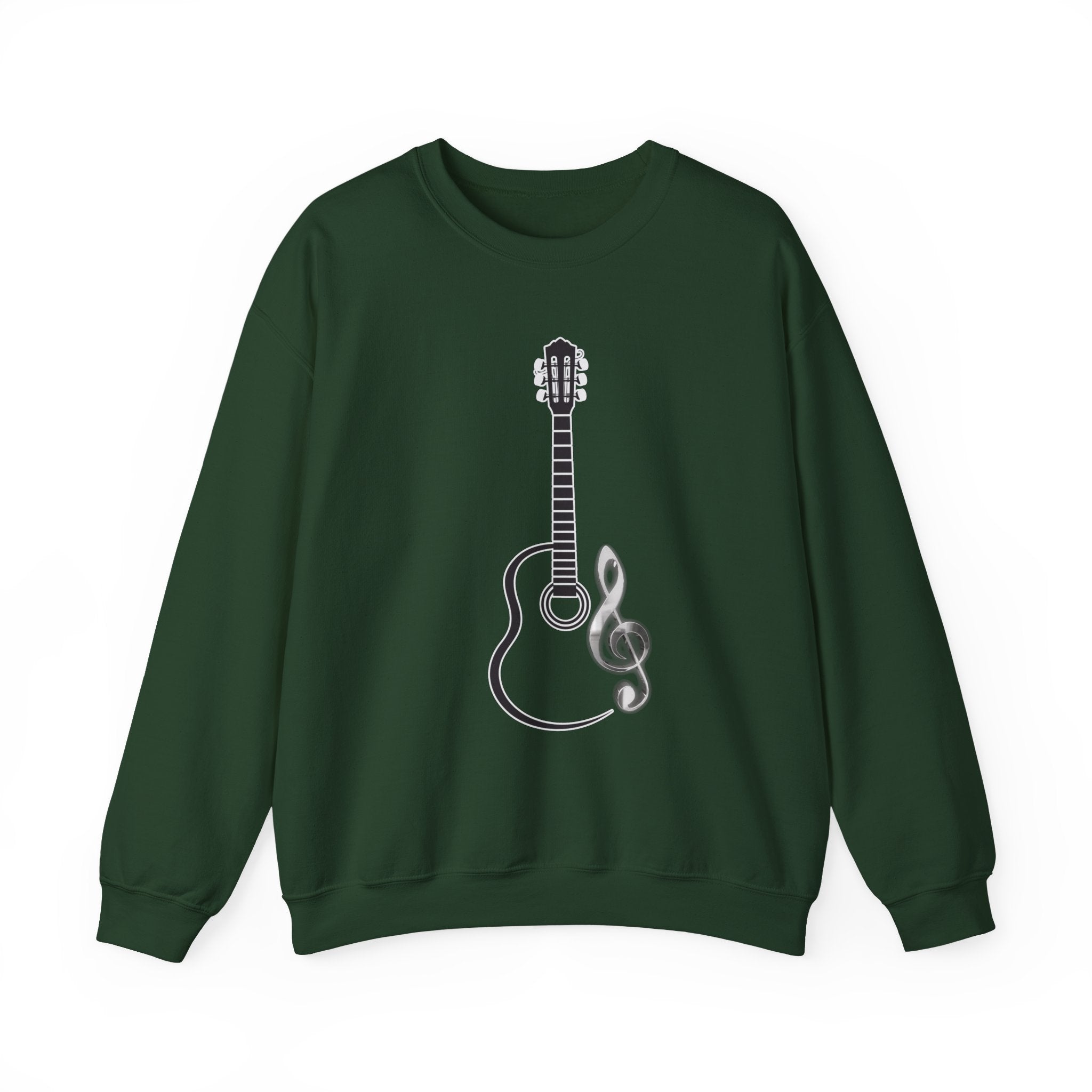 Forest green sweatshirt with a guitar and treble clef design on a white background