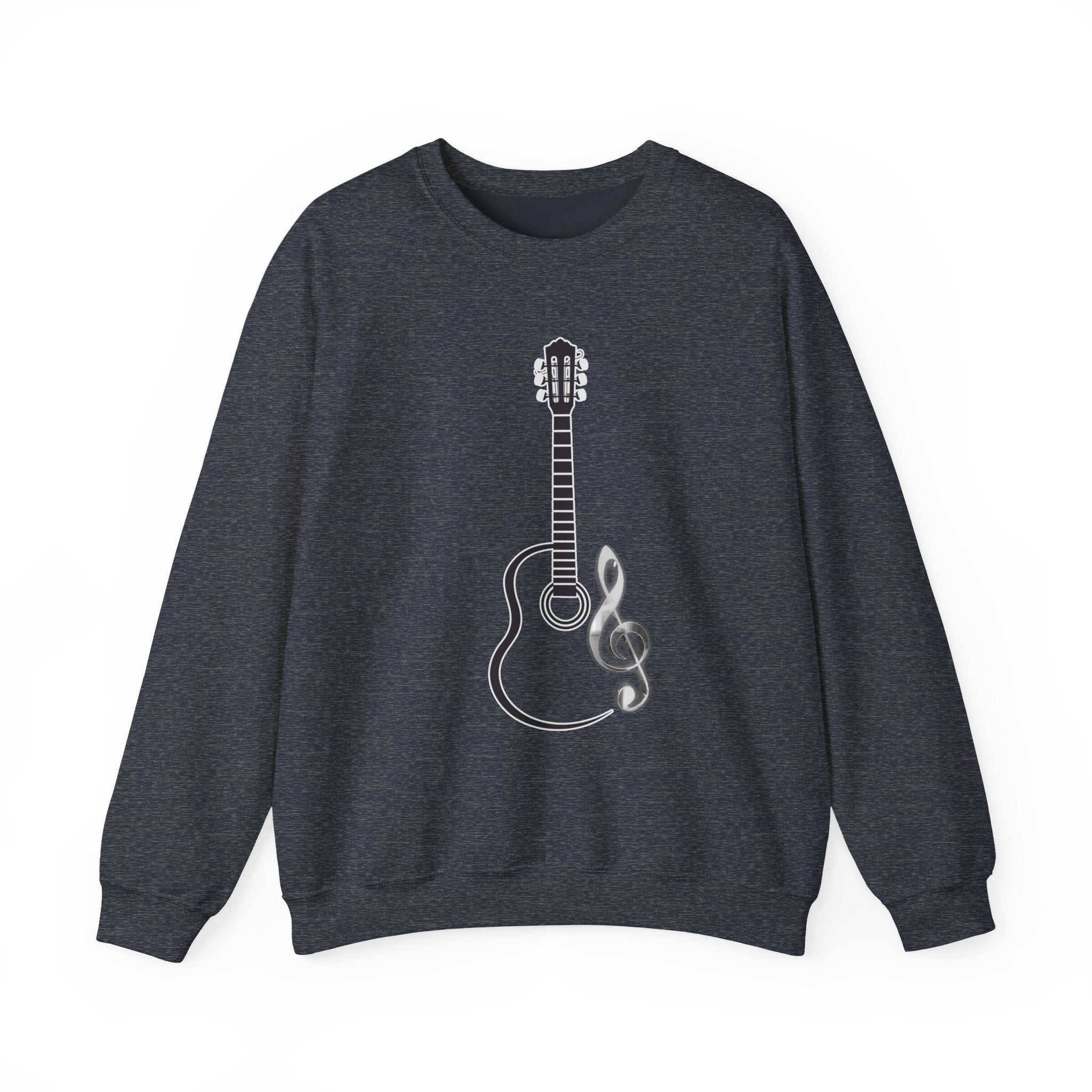 Heather sport dark navy sweatshirt featuring acoustic guitar and music note in a white background