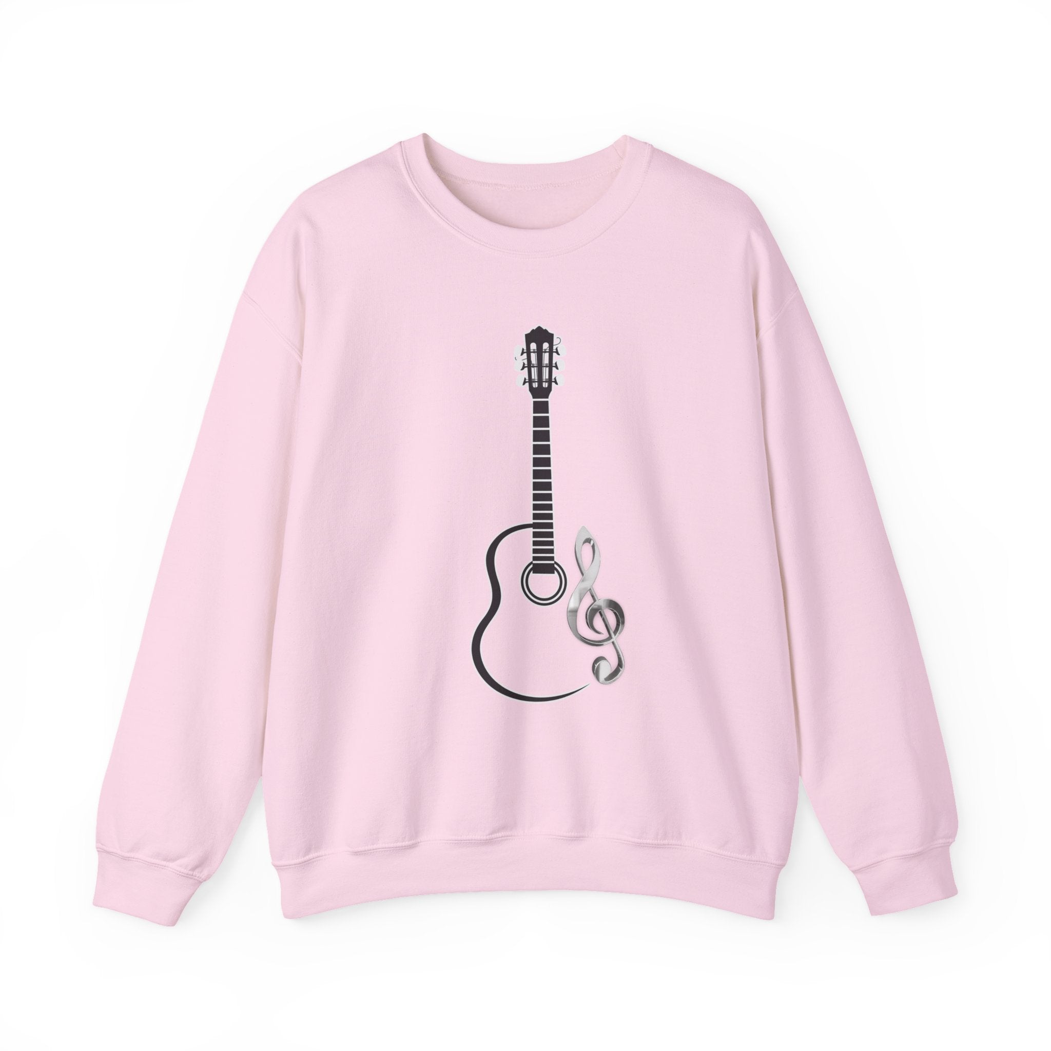 Light pink sweatshirt featuring acoustic guitar and music note in a white background