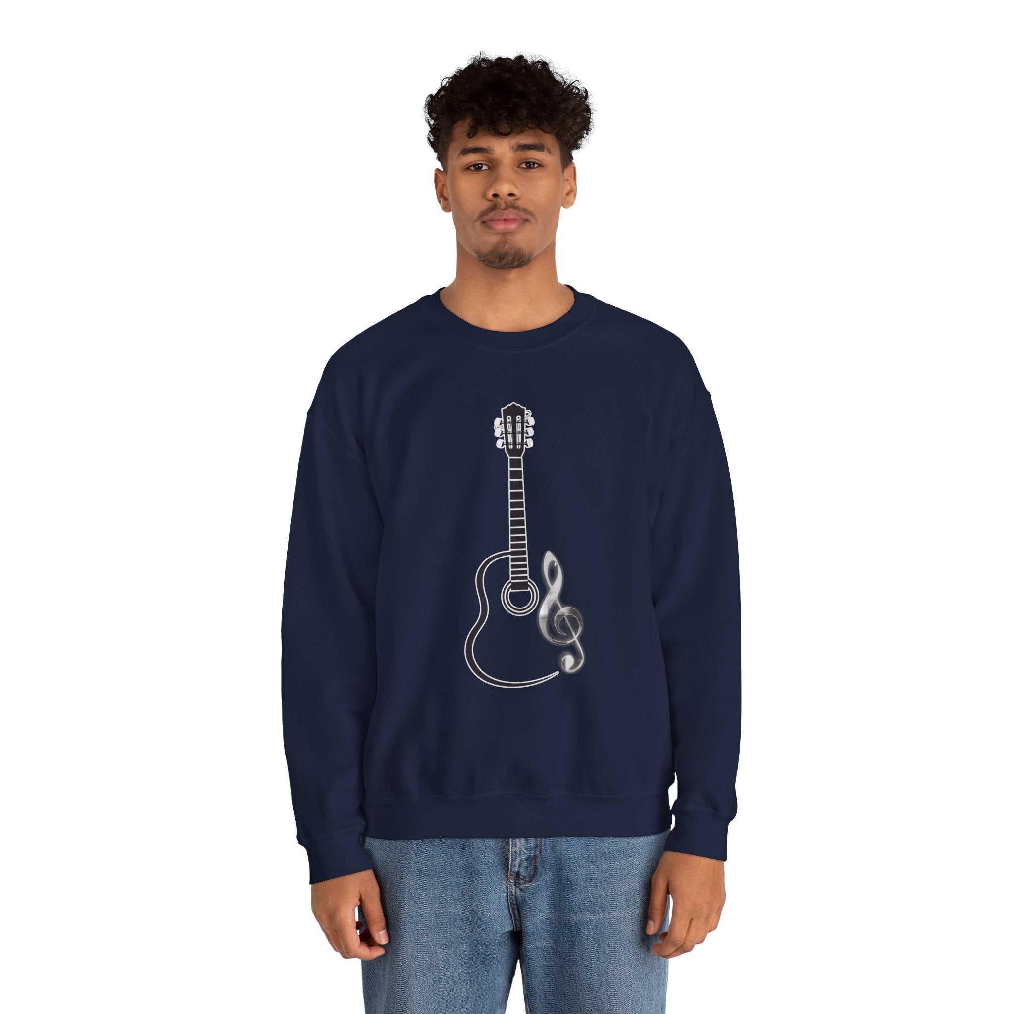 A man wearing sweatshirt featuring acoustic guitar and music note in a white background