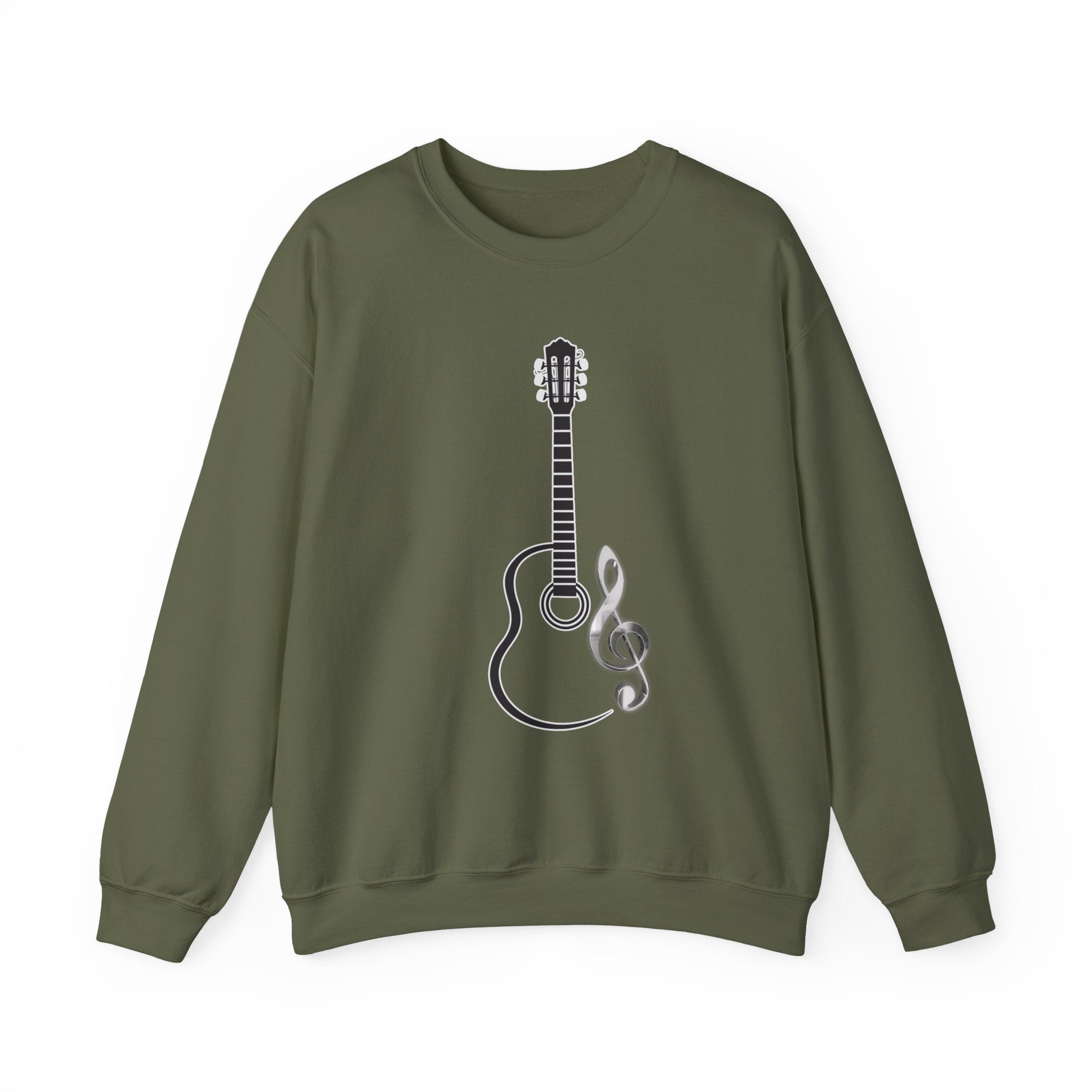 Military green sweatshirt with a guitar and treble clef design on a white background