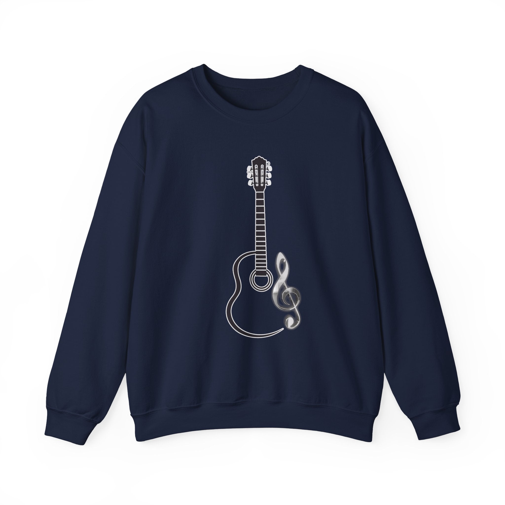 Navy blue sweatshirt with a white guitar and treble clef design on a white background