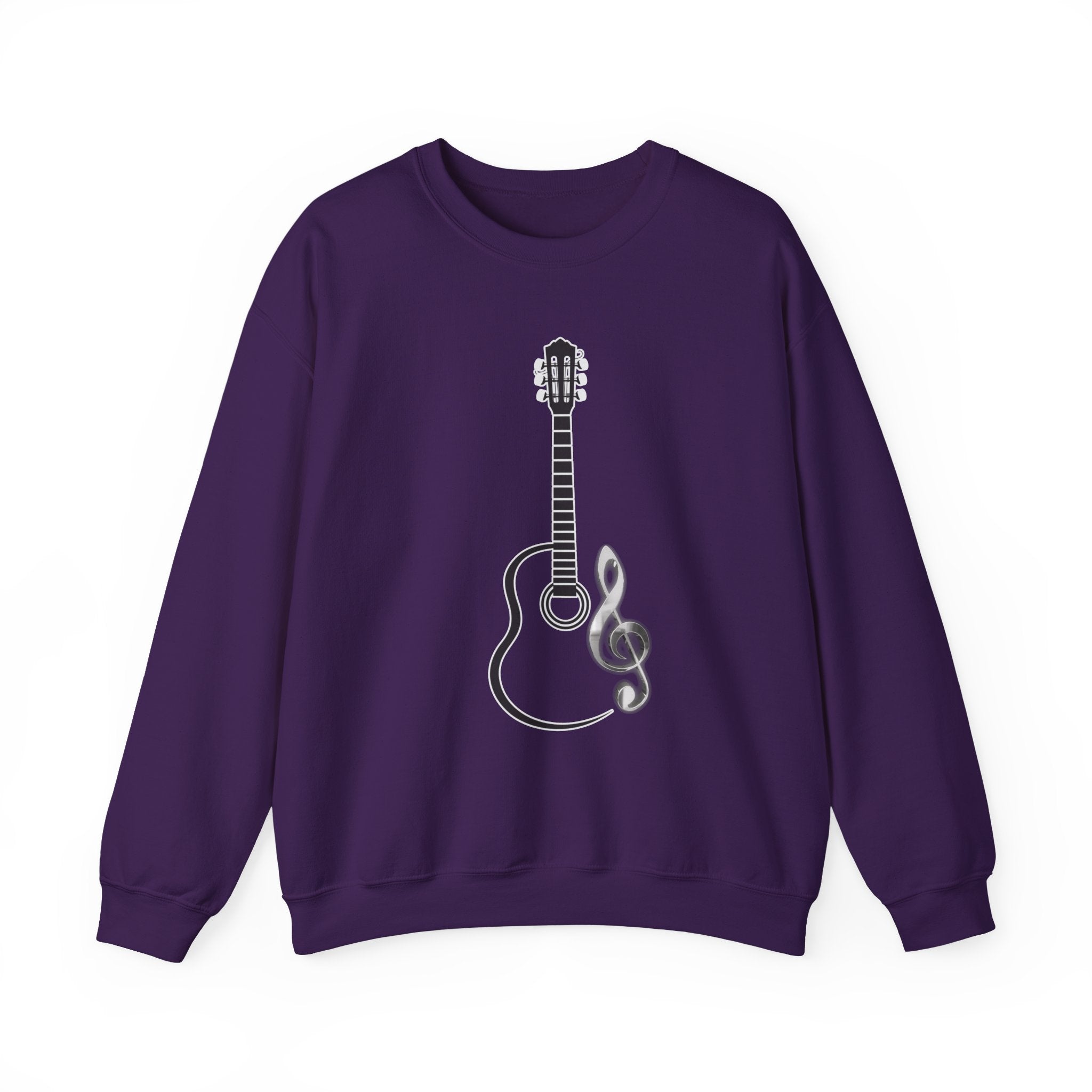 Purple sweatshirt featuring acoustic guitar and music note in a white background