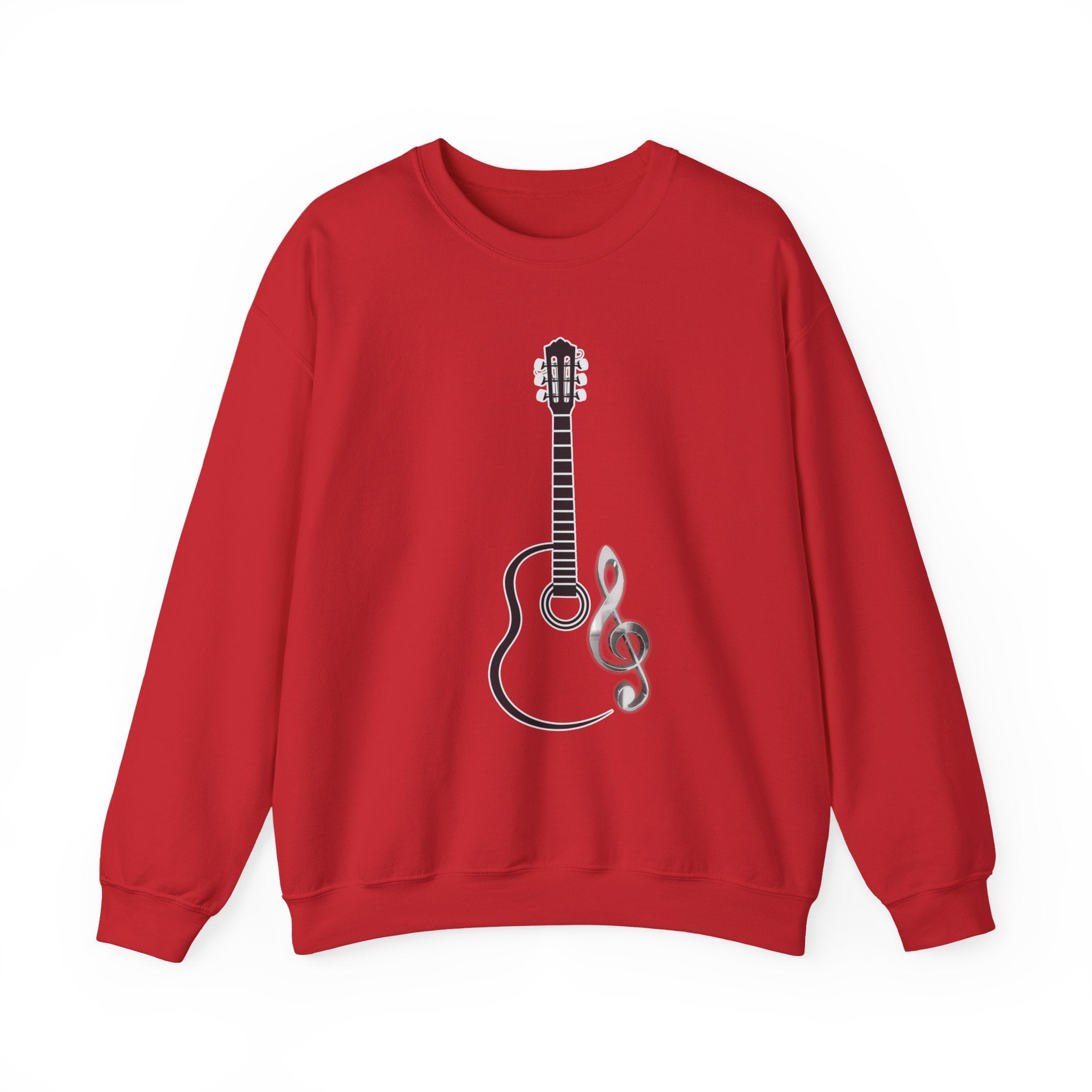 Red sweatshirt featuring acoustic guitar and music note in a white background