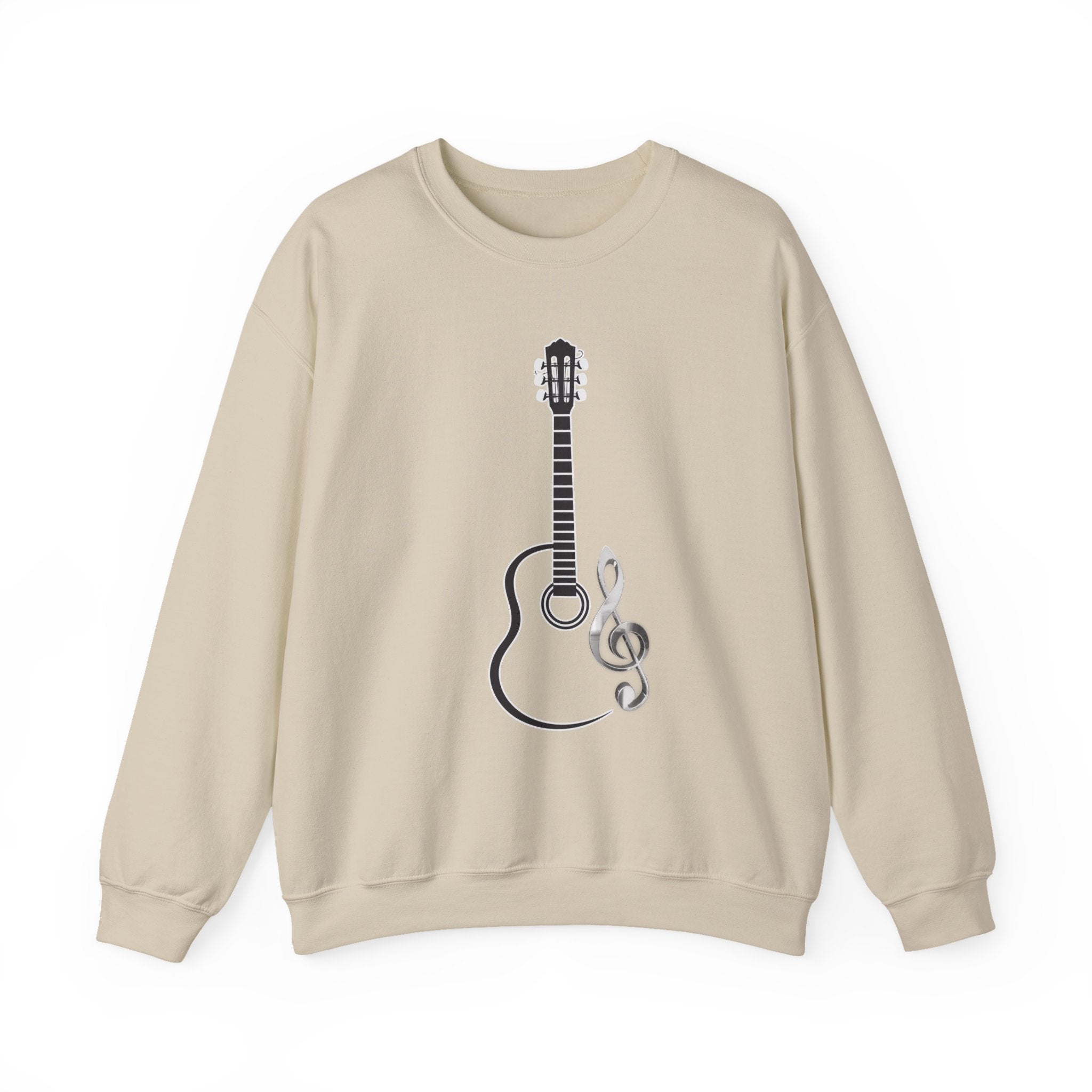 Beige sweatshirt with a guitar and treble clef design on a white background