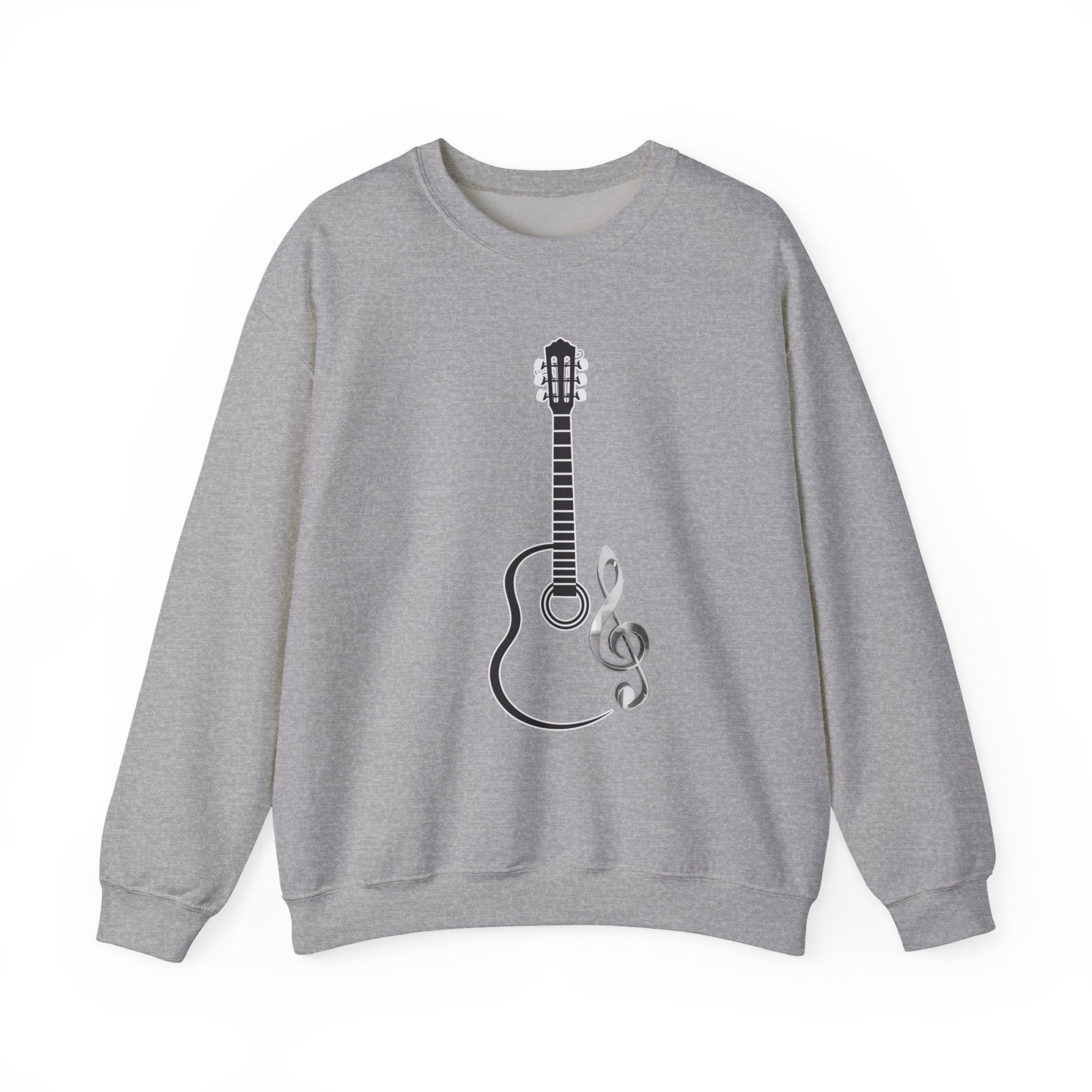 Gray sweatshirt with a guitar and treble clef design on a white background