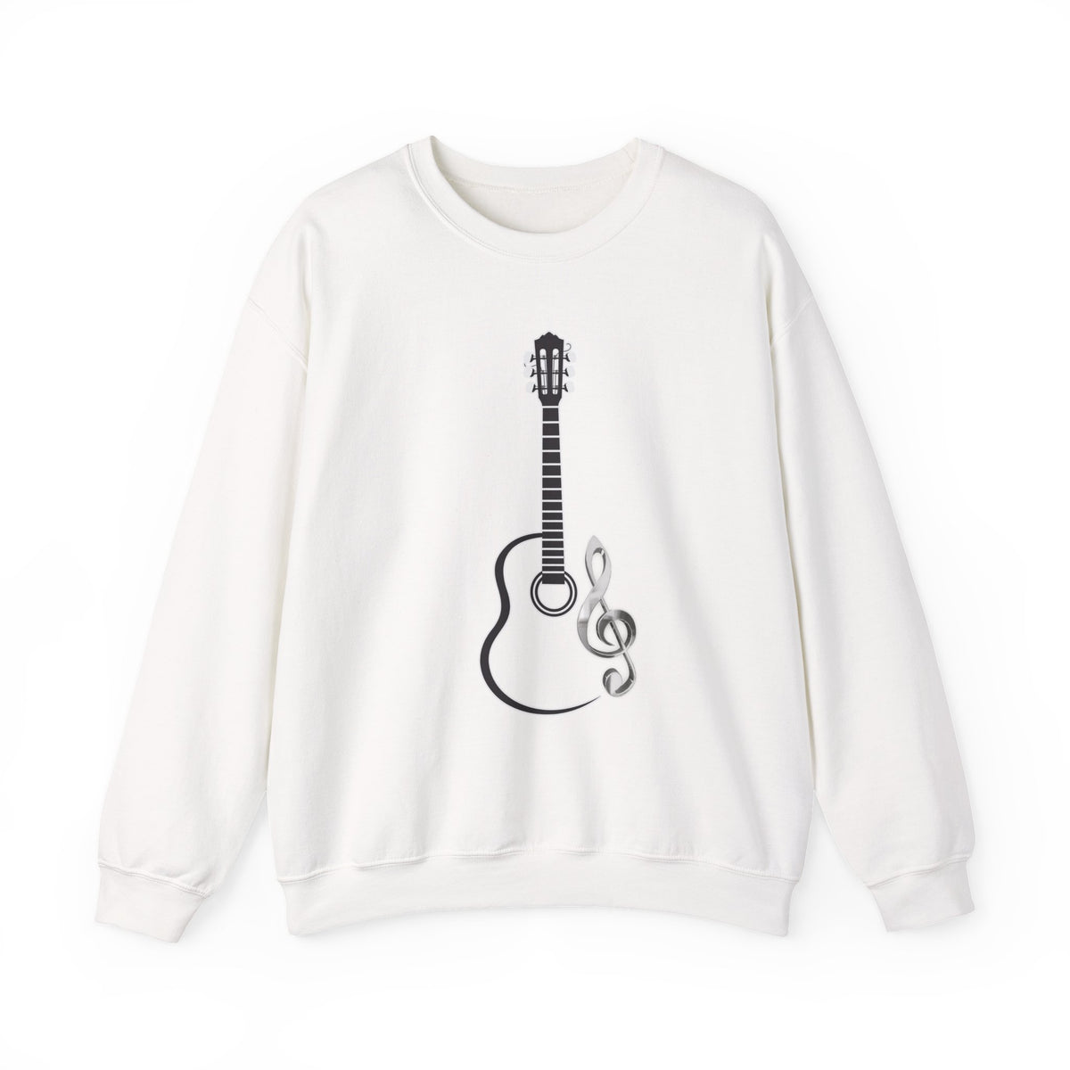 White sweatshirt with a guitar and treble clef design on a white background