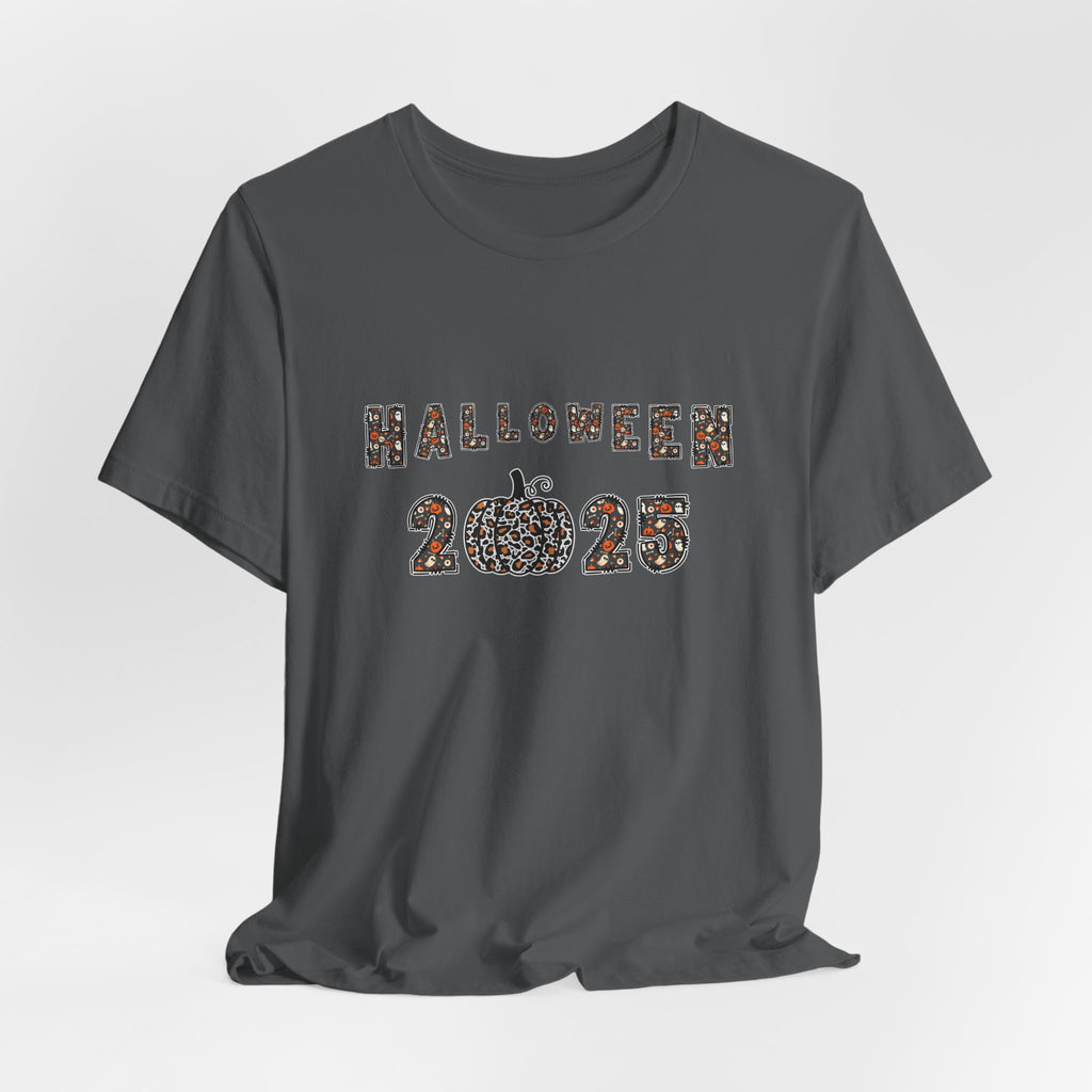 Asphalt gray t-shirt with 'Halloween 2025' design and spooky themes on a white background