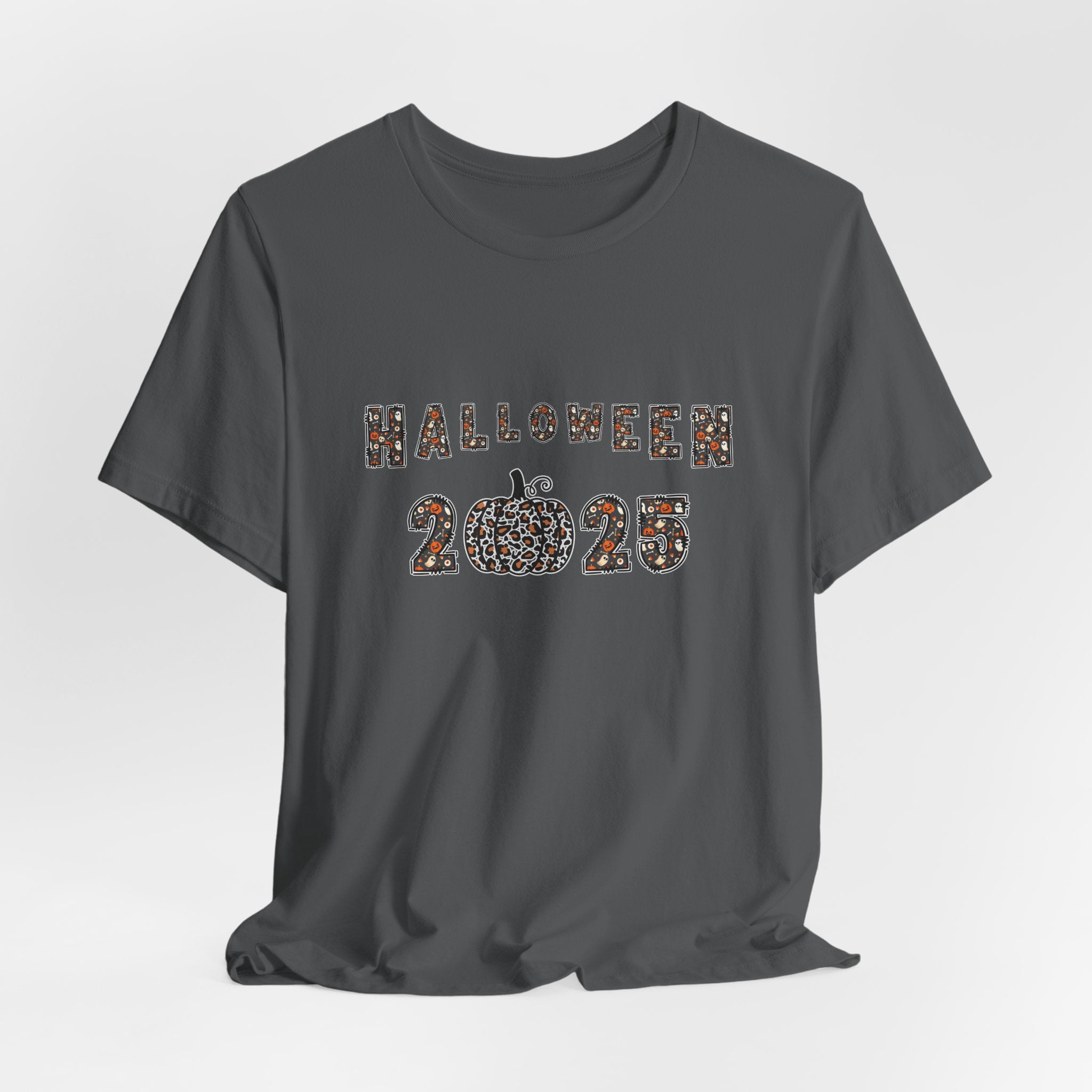 Asphalt gray t-shirt with 'Halloween 2025' design and spooky themes on a white background
