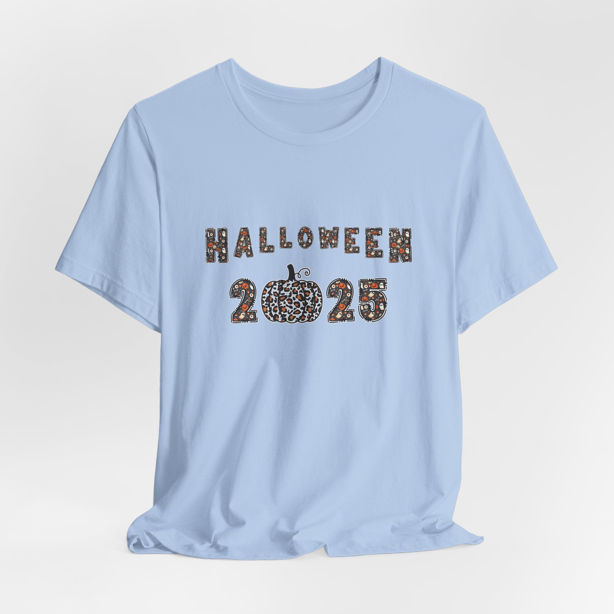 Baby light blue t-shirt with 'Halloween 2025' design and spooky themes on a white background