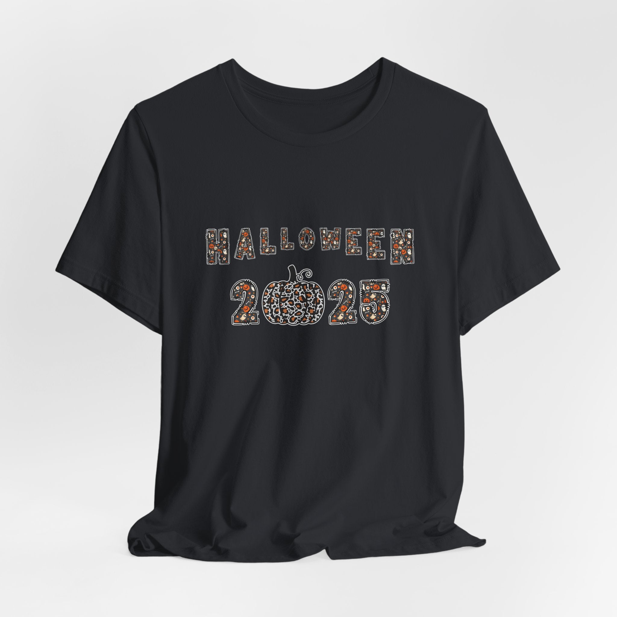 Black t-shirt with 'Halloween 2025' design and spooky themes on a white background
