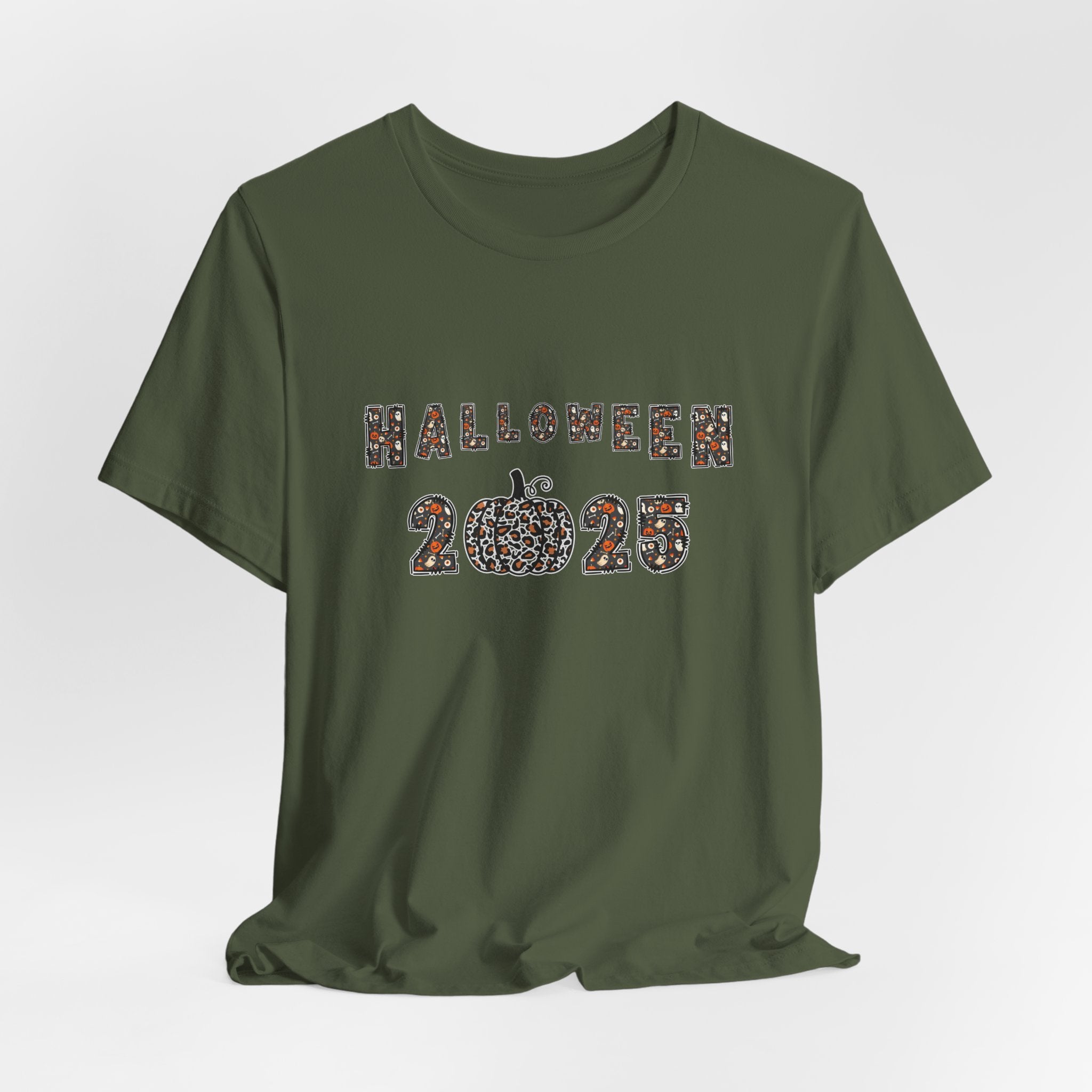Military green t-shirt with 'Halloween 2025' design and spooky themes on a white background