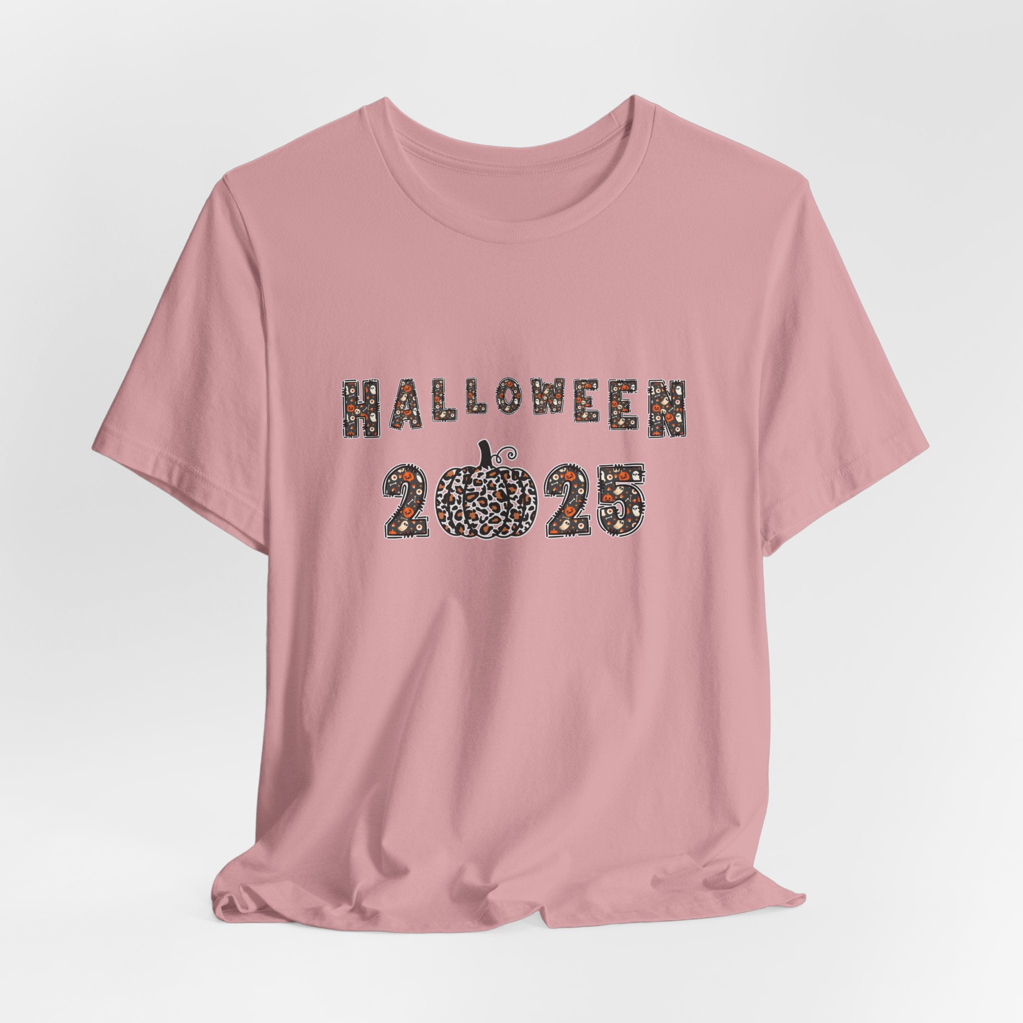 Orchid pink t-shirt with 'Halloween 2025' design and spooky themes on a white background