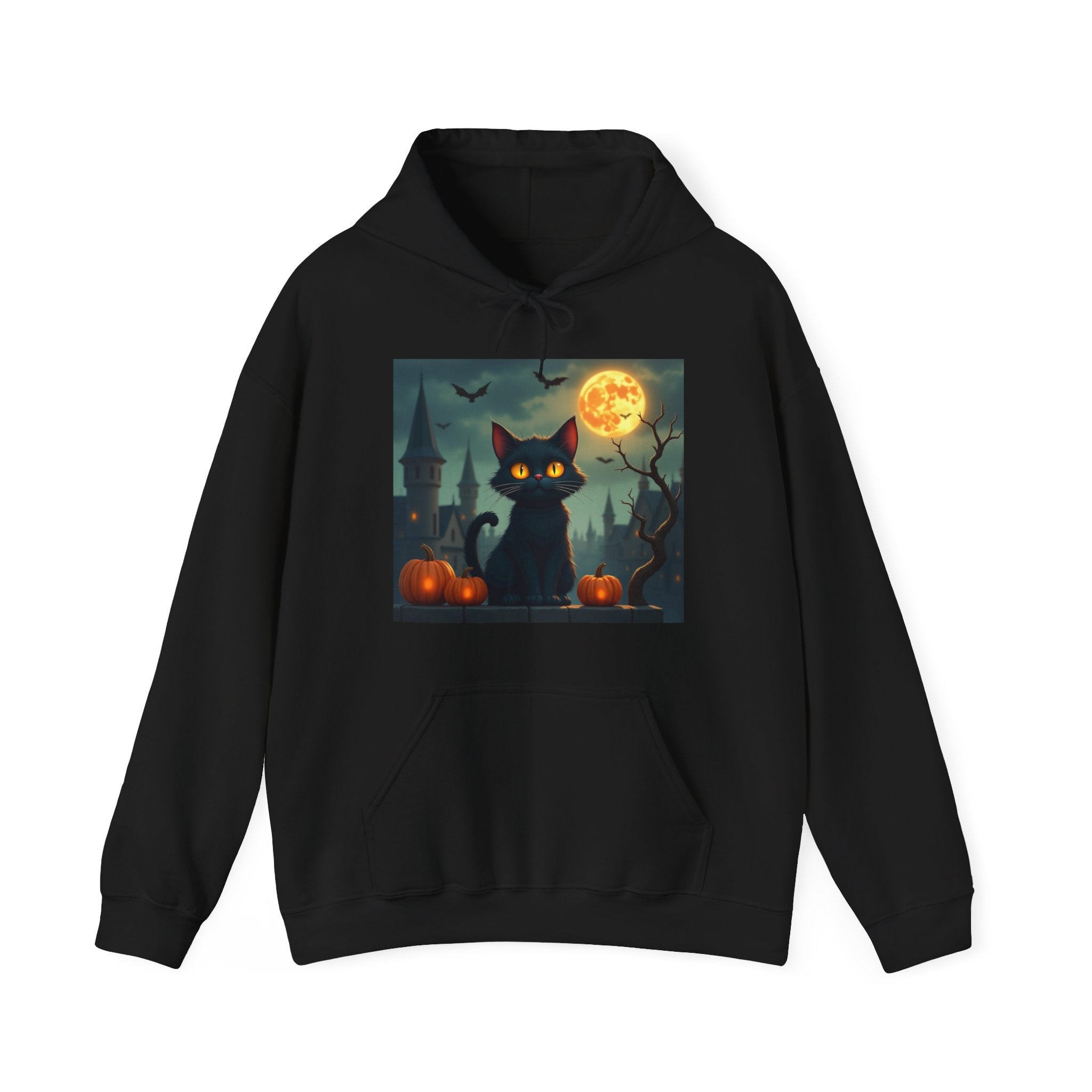 Black hoodie with a Halloween-themed design featuring a black cat, pumpkins, and a full moon.