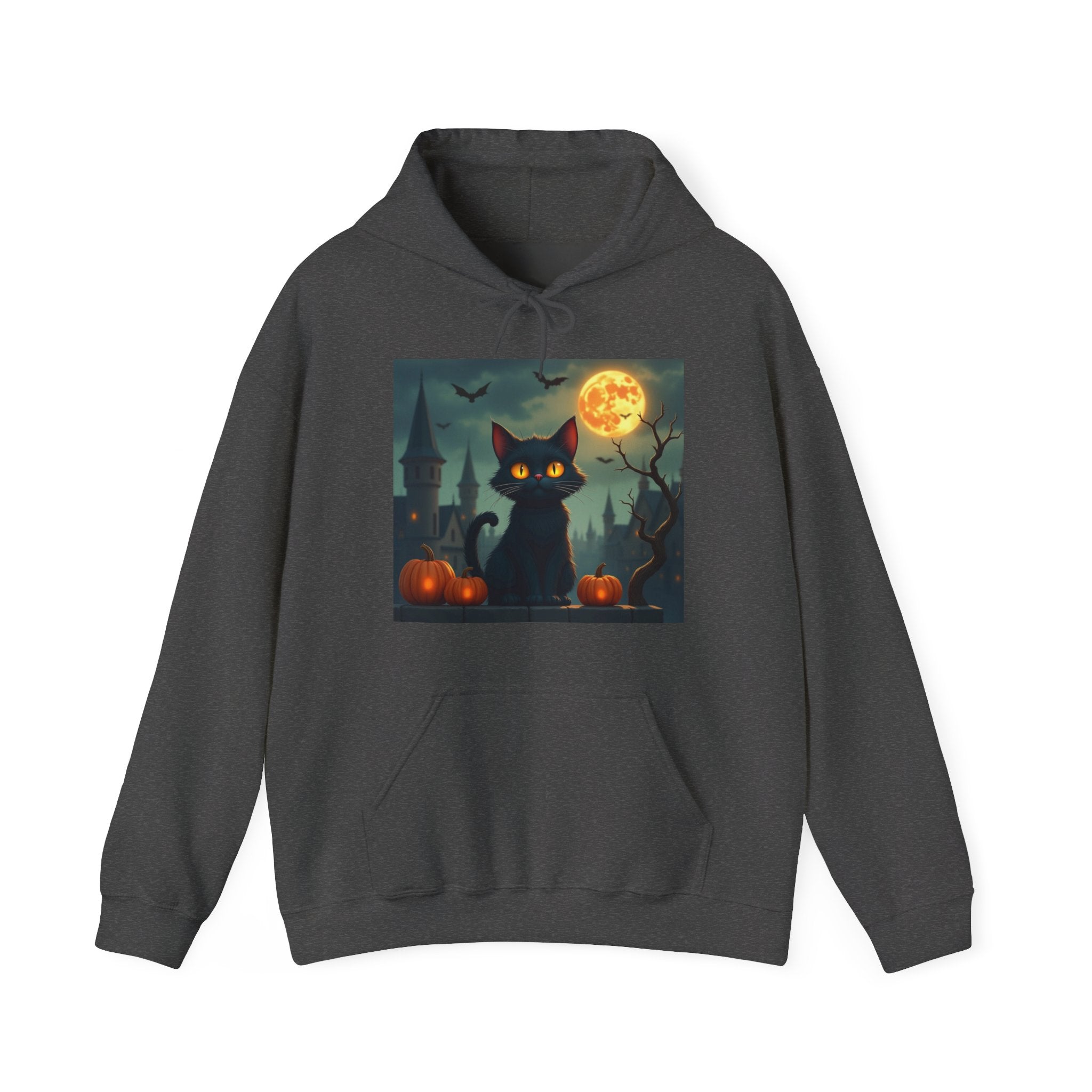 Dark gray hoodie with a Halloween-themed graphic of a black cat, pumpkins, and a full moon on a white background.