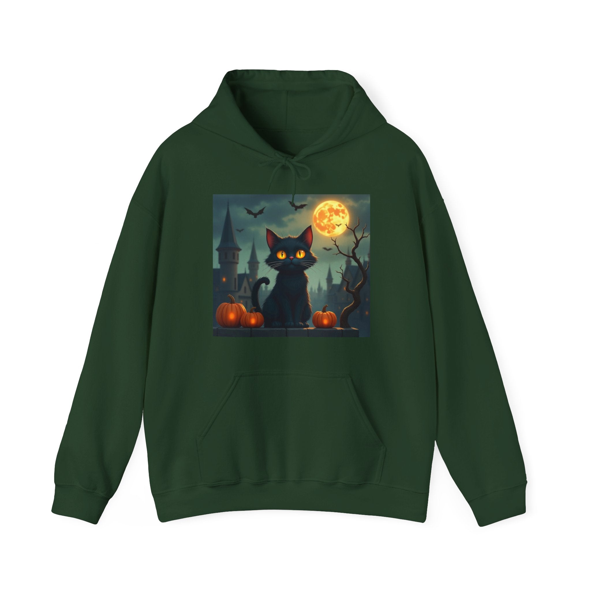 Forest green hoodie with a black cat and pumpkin design on a white background