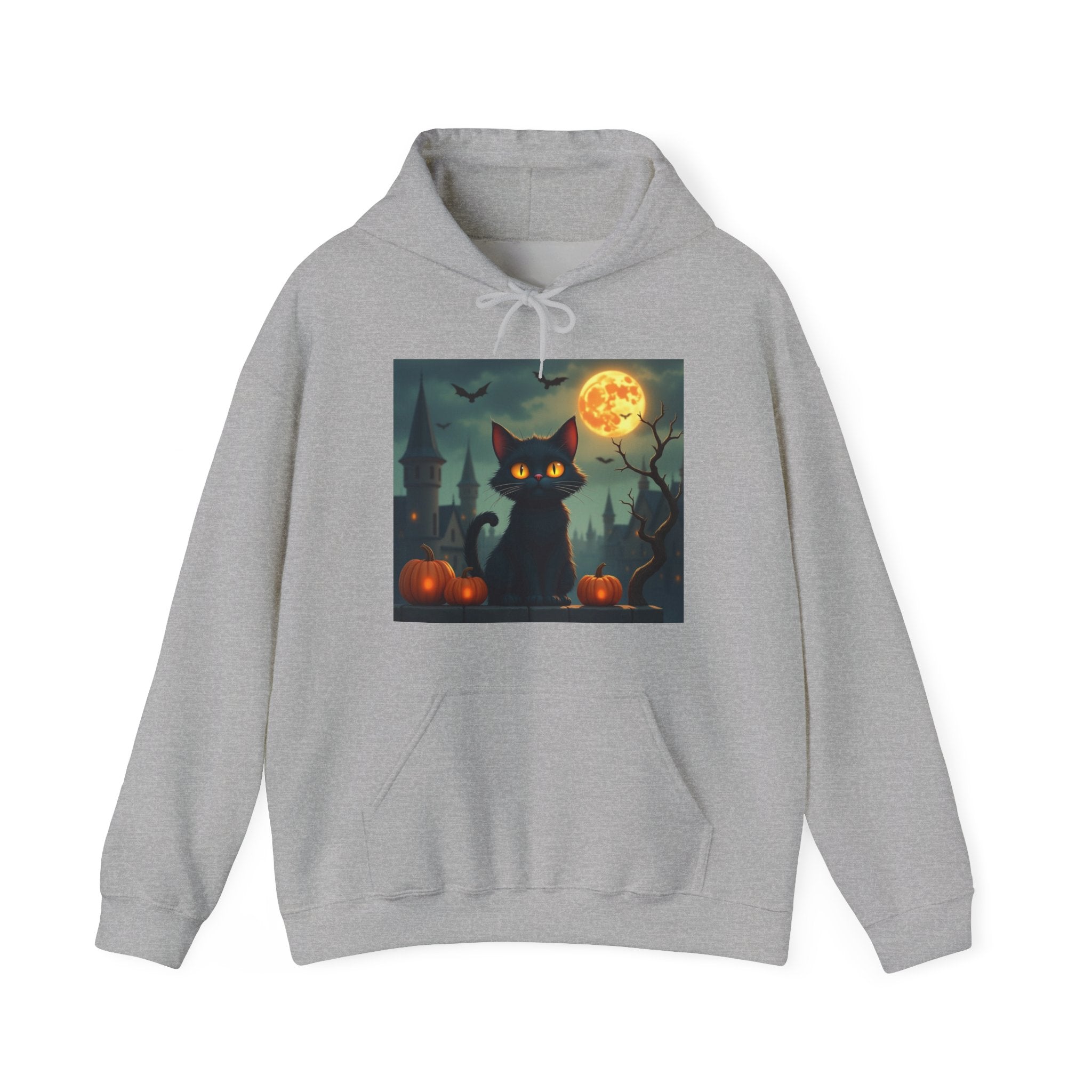 Gray hoodie with a Halloween-themed design featuring a black cat, pumpkins, and a full moon on a white background.