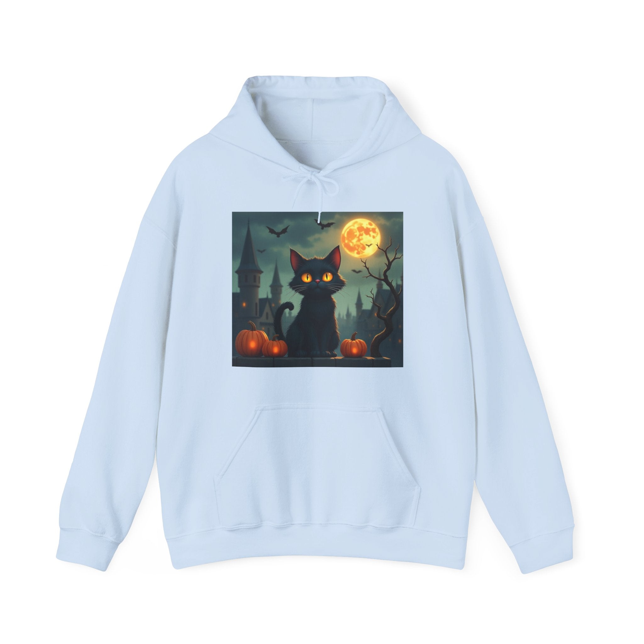 Light blue hoodie with a Halloween-themed graphic of a black cat, full moon, and pumpkins on a white background.
