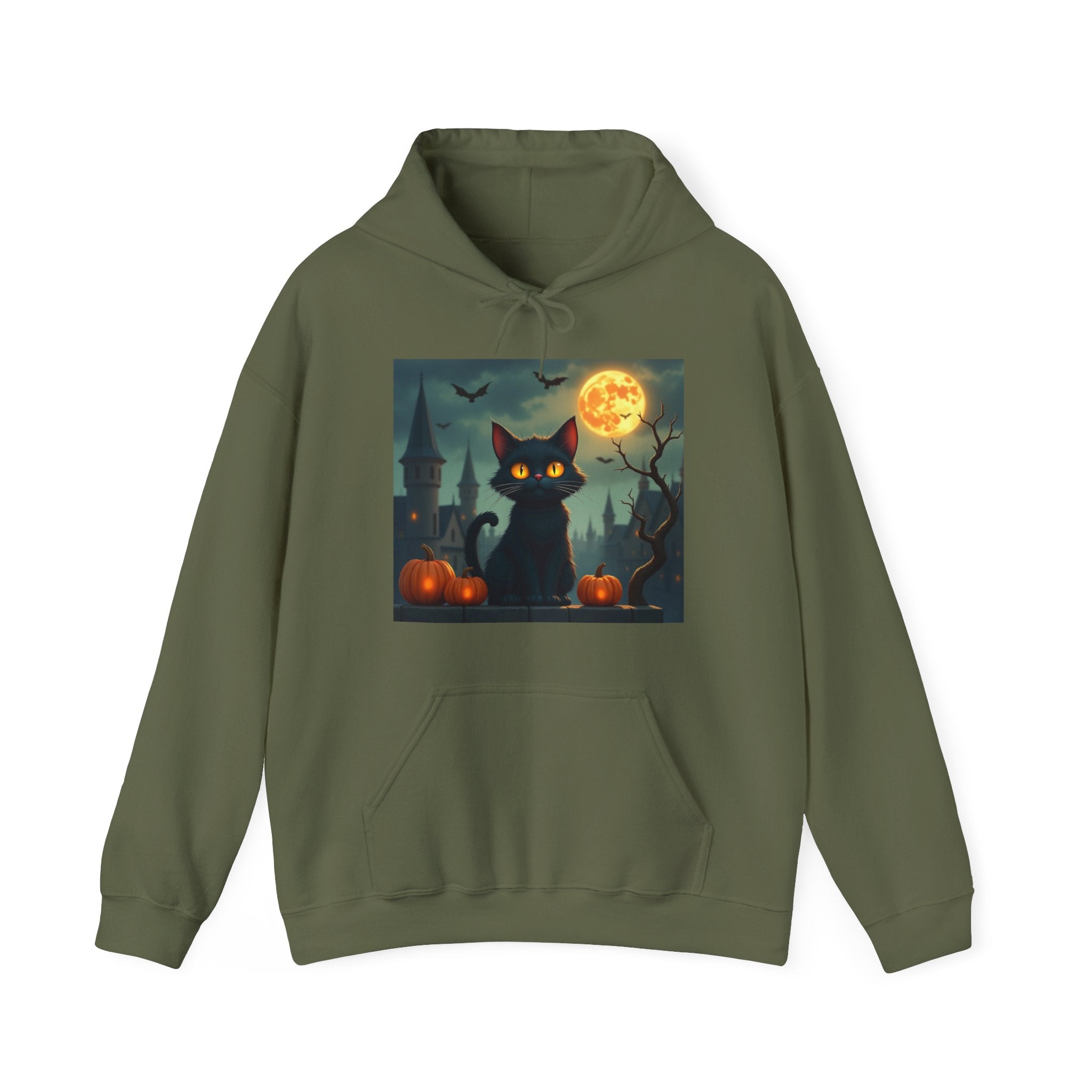 Military gireen hoodie with a Halloween-themed graphic of a black cat, pumpkins, and a full moon.