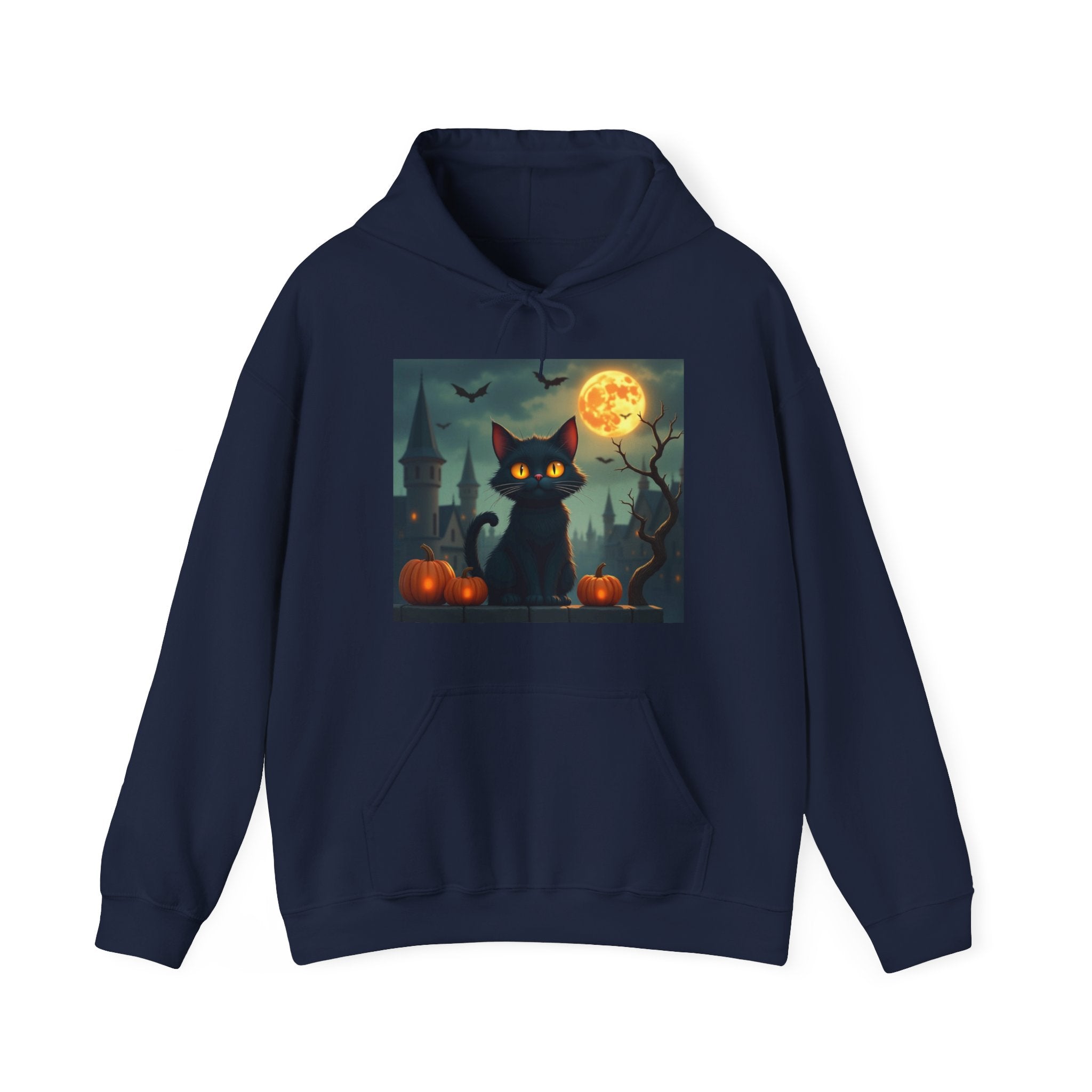 Navy blue hoodie with a Halloween-themed graphic of a black cat, pumpkins, and a full moon.