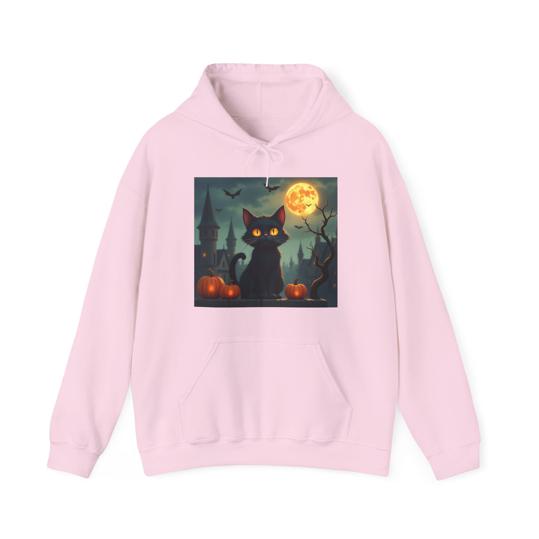 Pink hoodie with a Halloween-themed graphic of a black cat, full moon, and pumpkins on a white background.