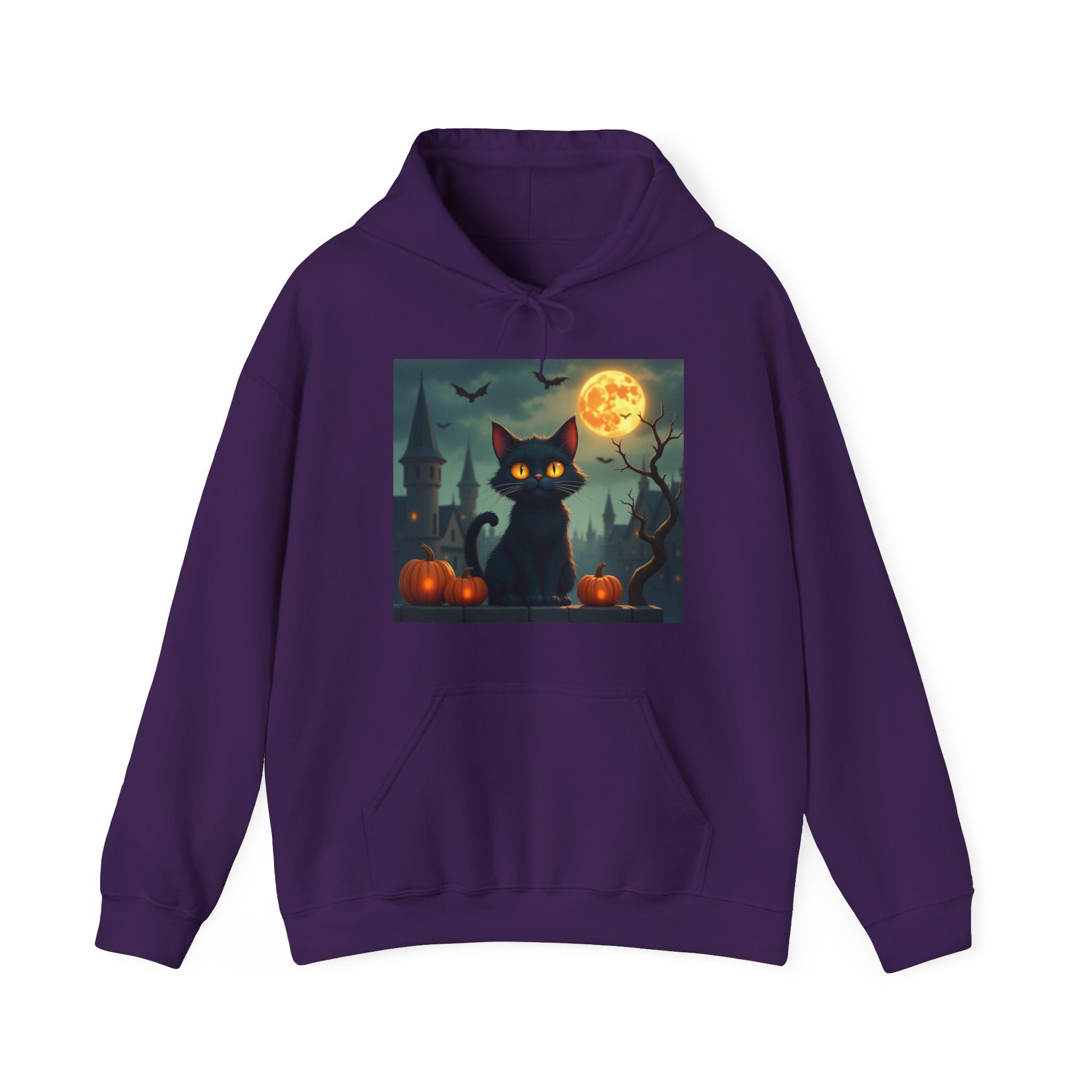 Purple hoodie with a Halloween-themed design featuring a black cat, pumpkins, and a full moon.