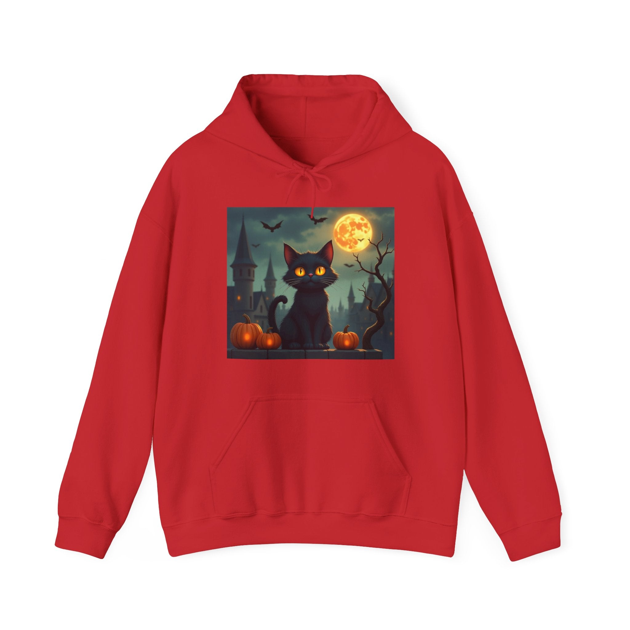 Red hoodie with a black cat and pumpkin design on a white background